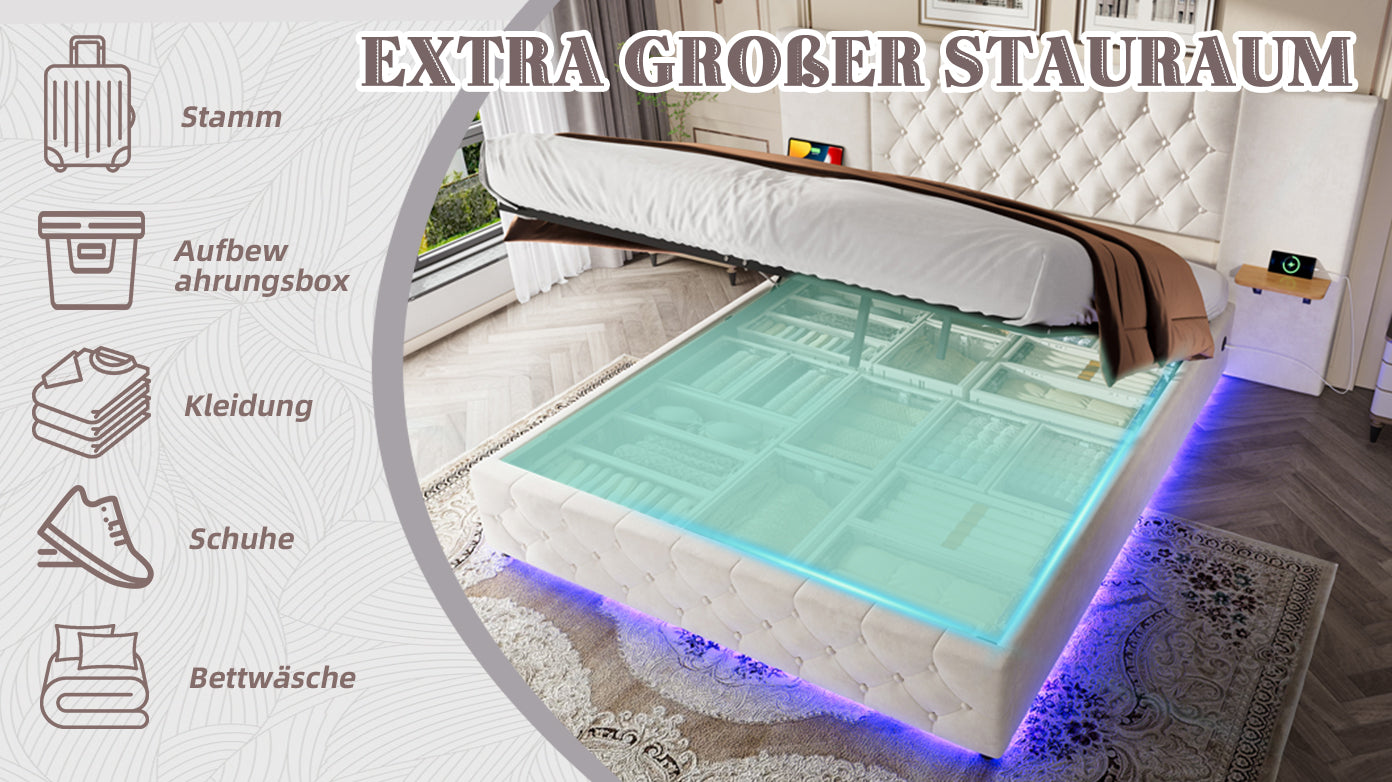 Bed Frame, 160x200cm LED & USB, Hydraulic Lift Storage