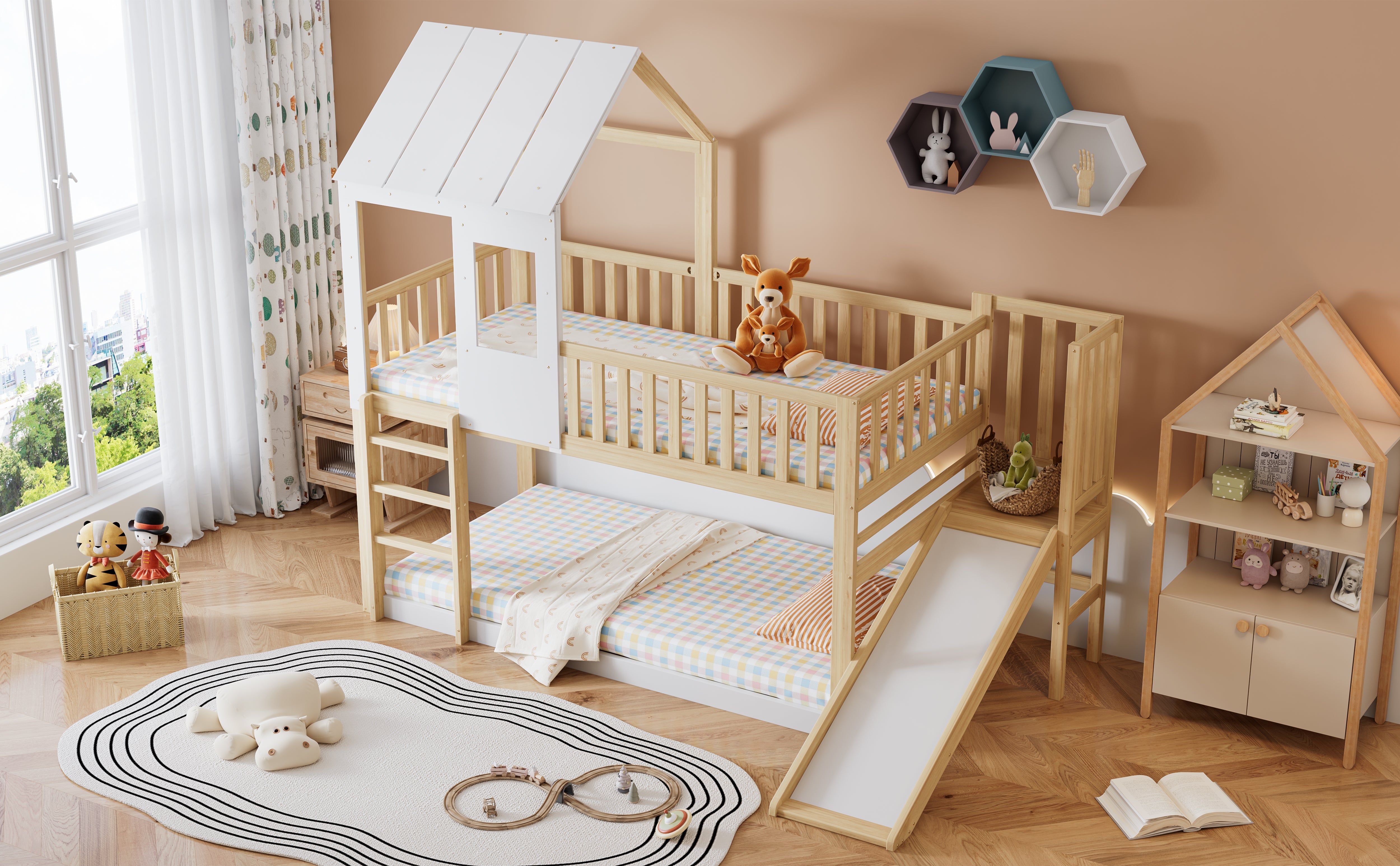 Bunk Bed with Ladder, Slide, Roof & Window, Pine Wood, Natural + White