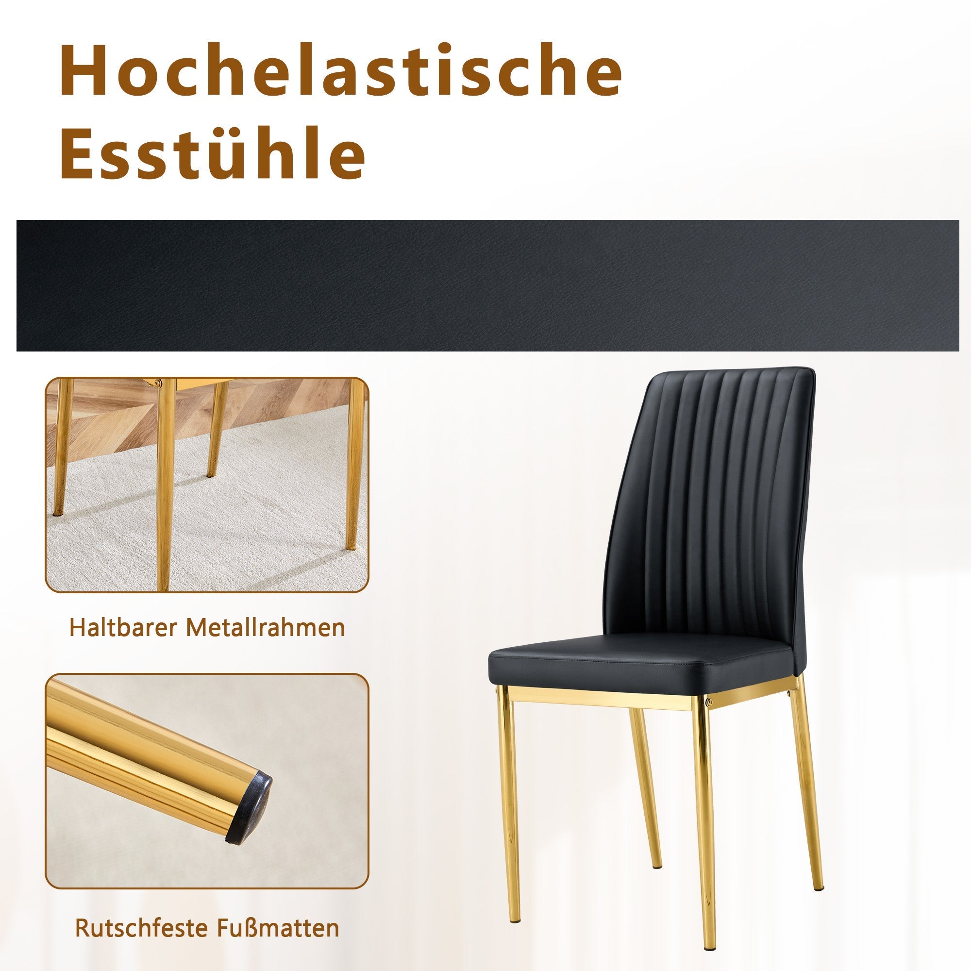 Dining Table Set Modern Minimalist Glass Table Ø85cm with 4 Chairs - Faux Leather Black