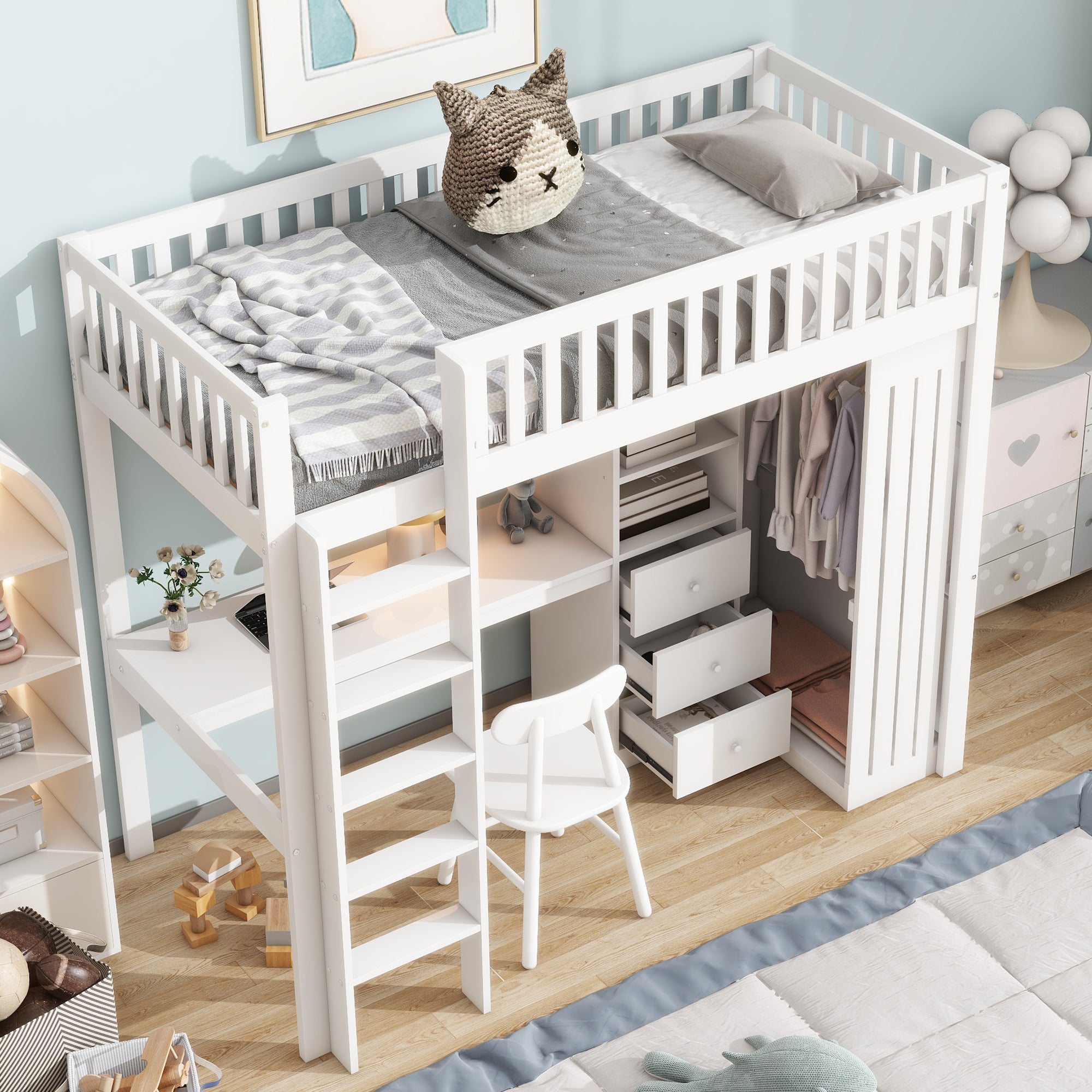 Loft Bed 90x200cm Desk Wardrobe 3 Drawers Stairs - White