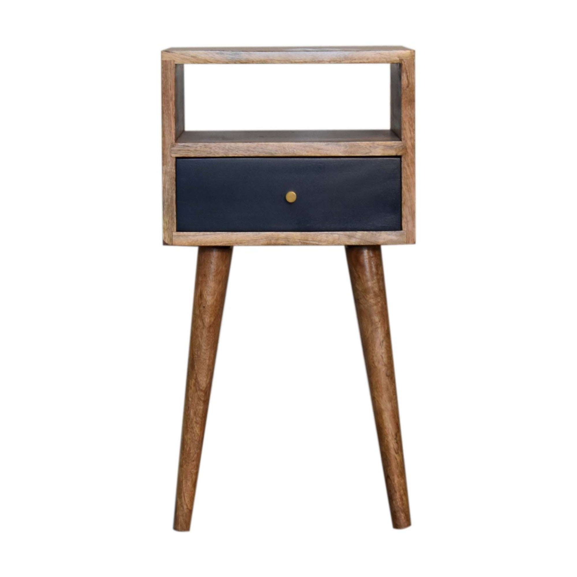 Solid Wood Bedside, Mini 1 Drawer Open Shelf, Navy Blue Hand Painted Light Brown