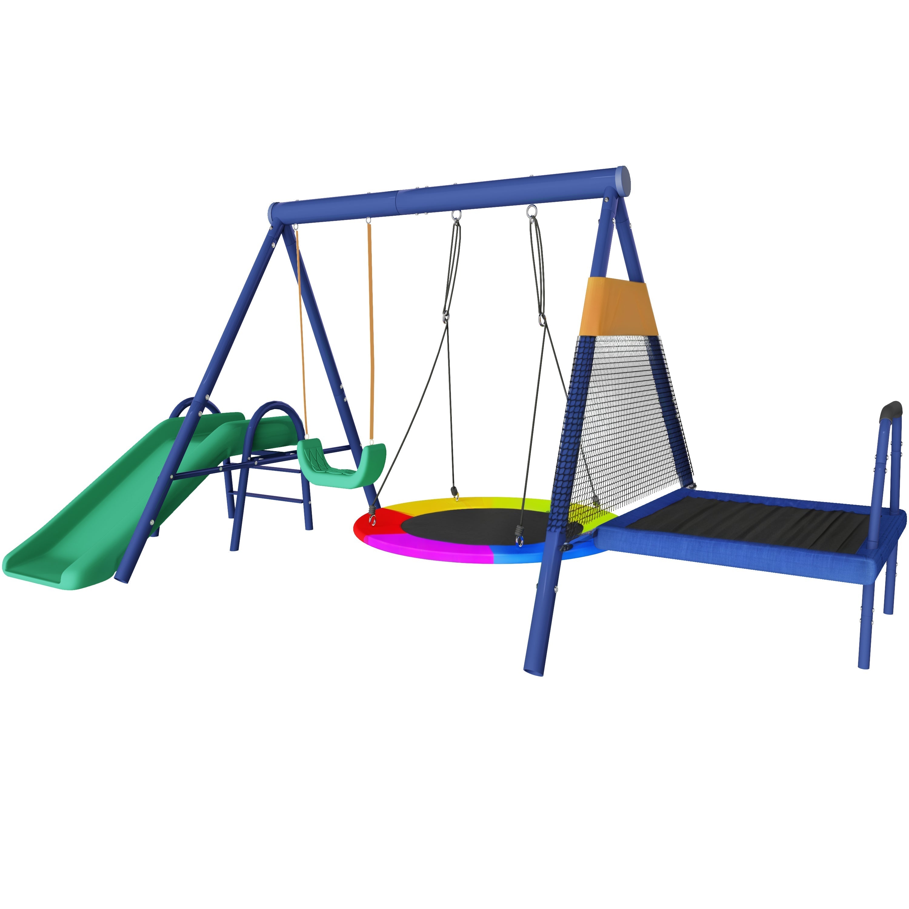 Multifunctional outdoor swing set with slide, trampoline, round nest swing, and plastic swing, safe and durable