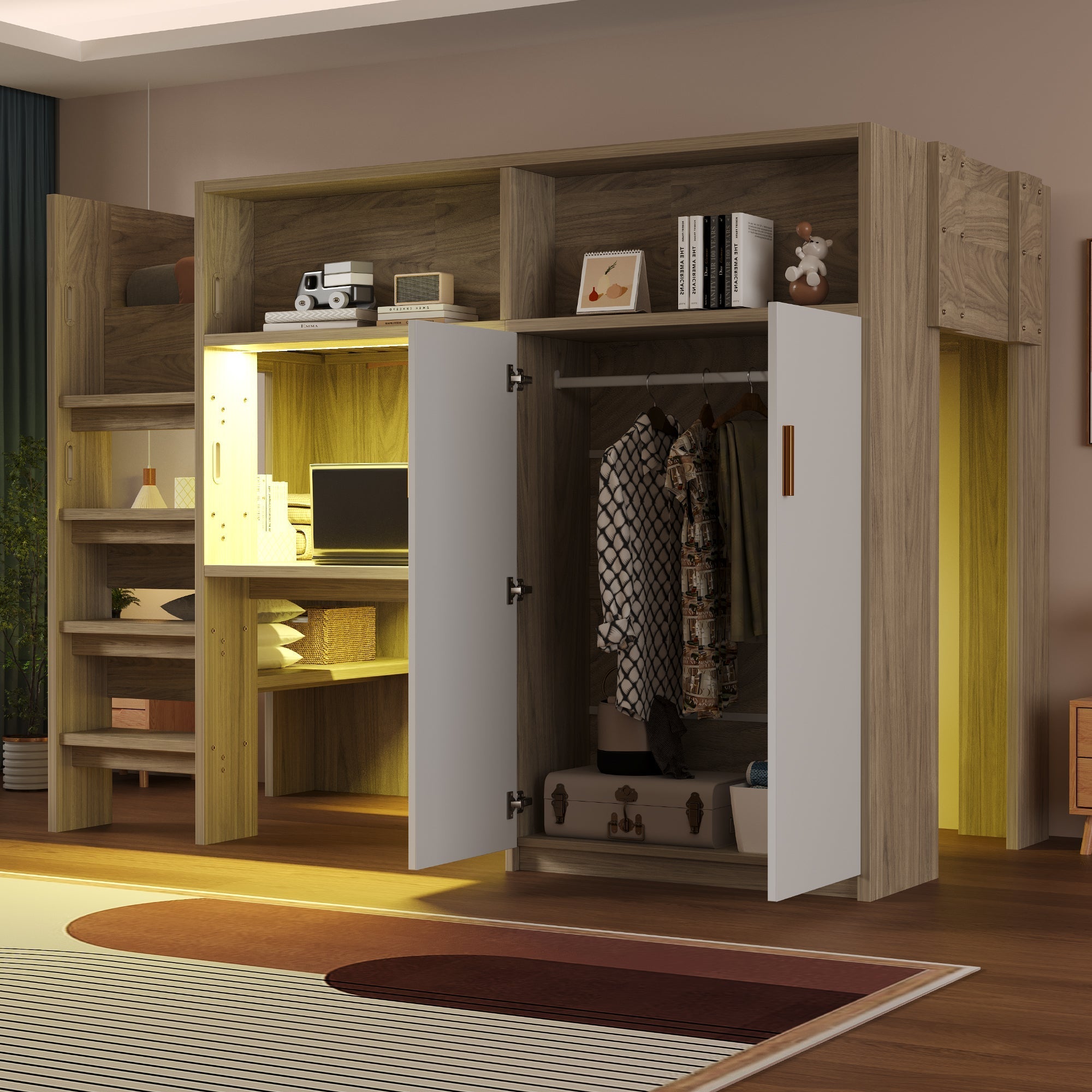 Multifunctional Loft Bed with Desk, Wardrobe, Shelf and LED Lighting, Wood Color