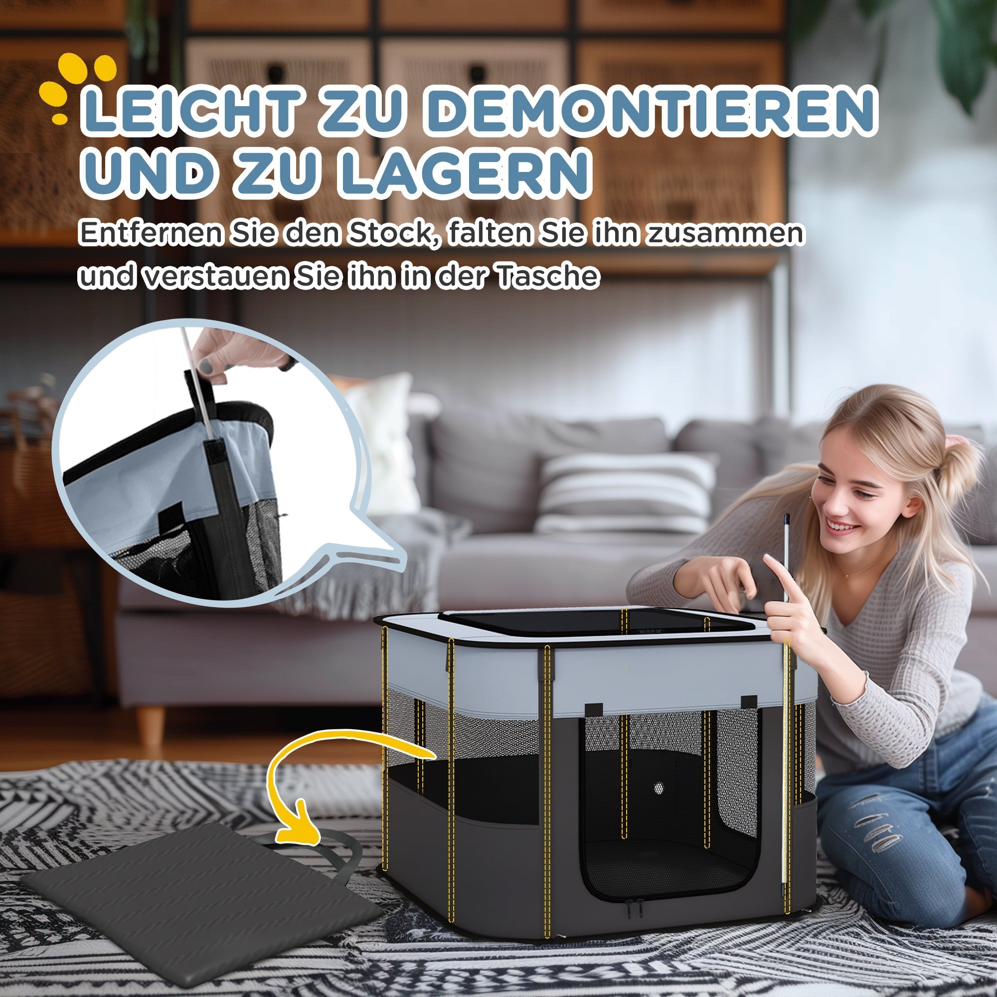 Puppy Playpen Foldable with Doors, Windows, Breathable Mesh, 74x60x45cm Grey