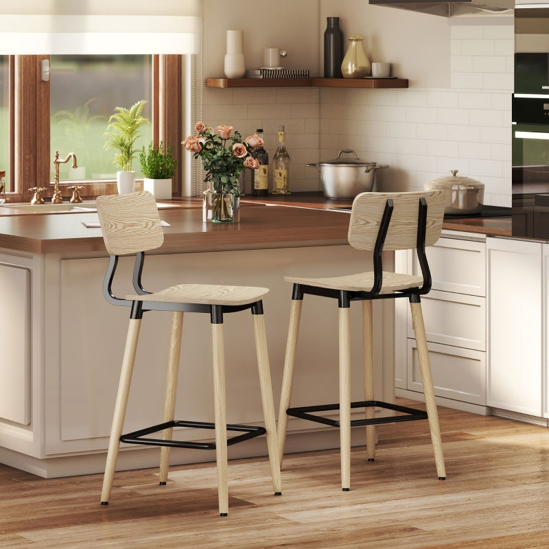 Bar Stools, 2 Counter Stools with Backrest and Footrest, Steel Legs, Natural