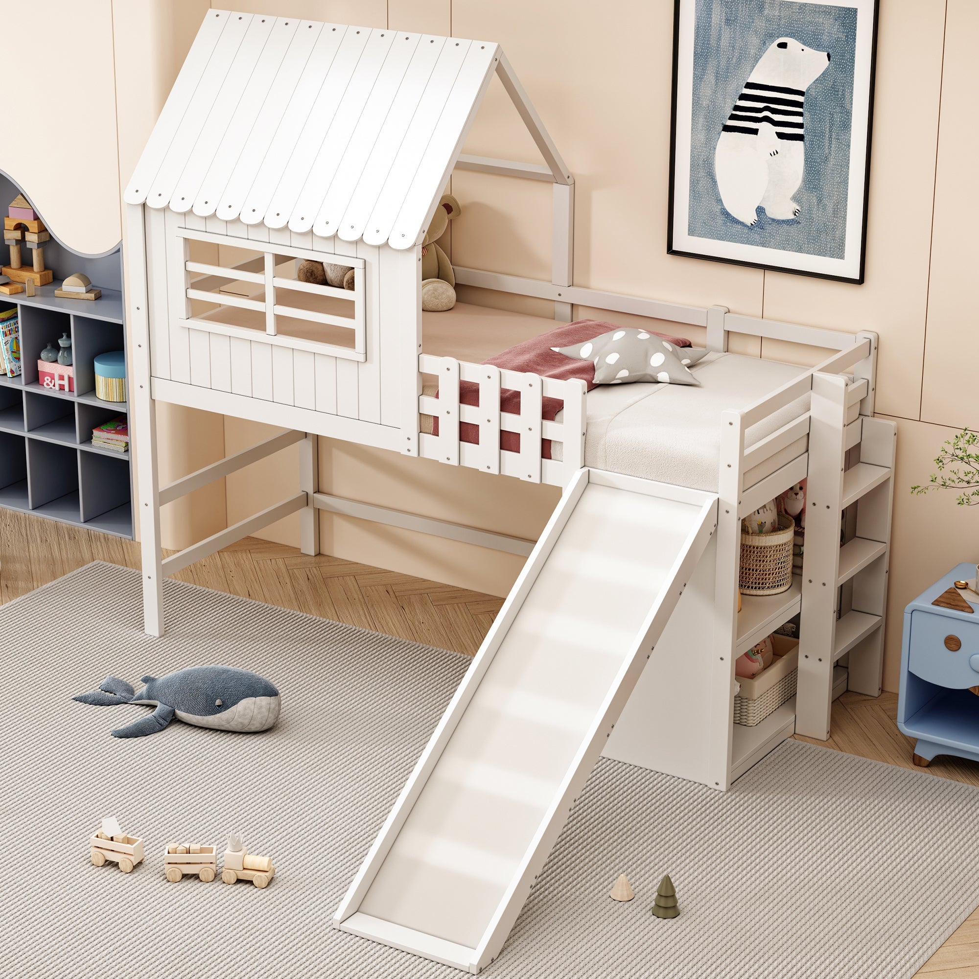 Children's Bed 90x200cm, Attic Design with Ladder, Slide & Storage, Solid Wood, White