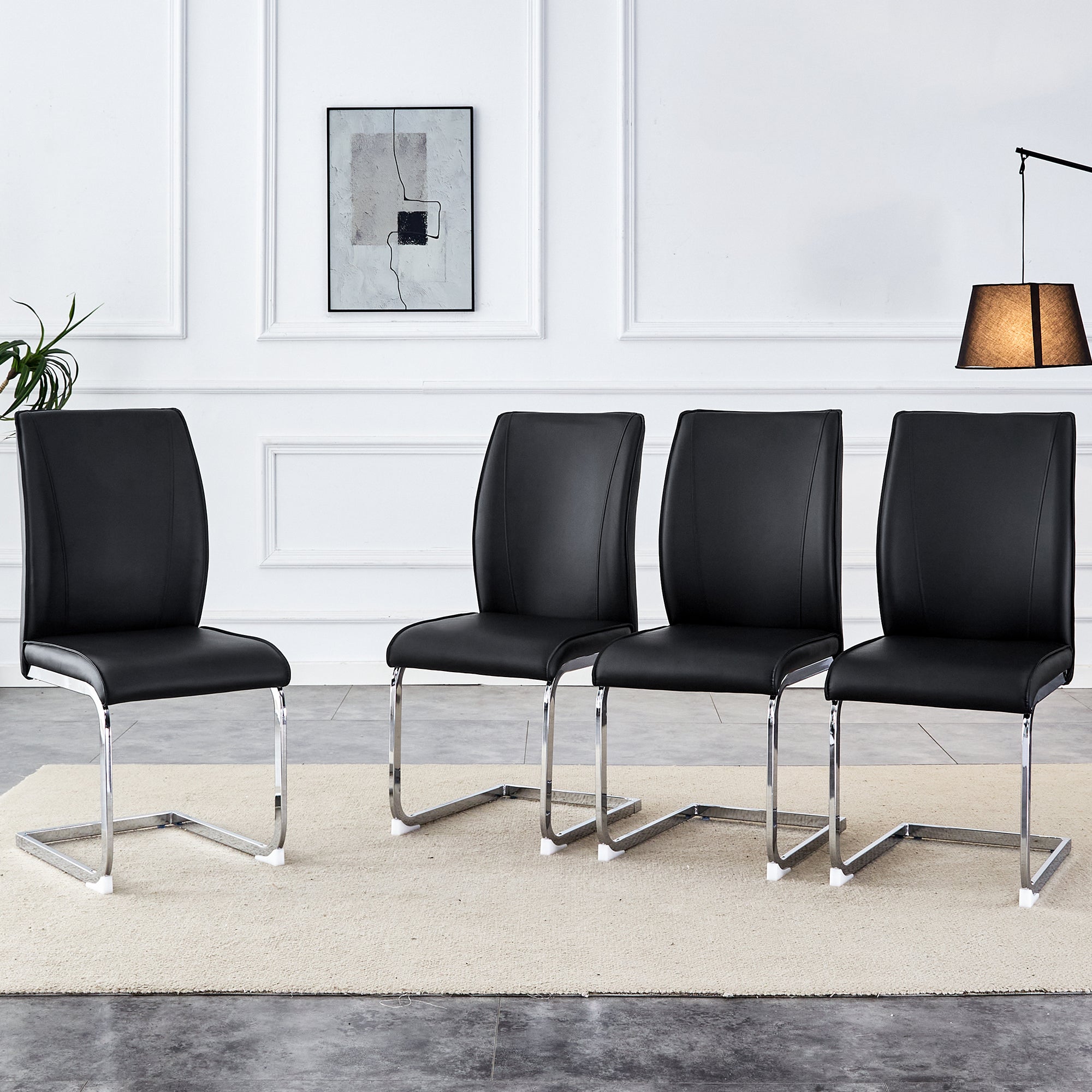 Chairs (Set of 4), Comfortable with Silver Metal Legs, Black PU