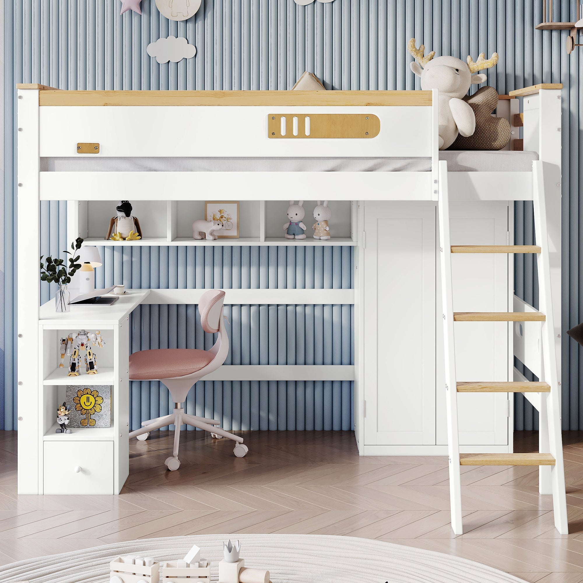 Bunk Bed with Safety Rail, Table, Wardrobe, Ladder, 90x200cm, Pine/MDF White/Natural