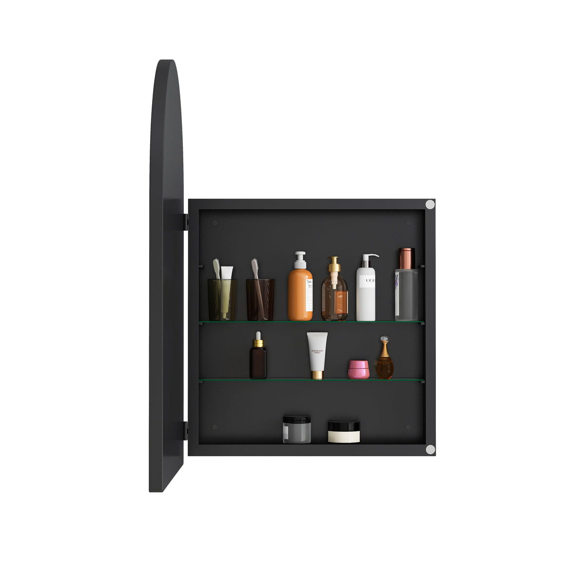 Arched Mirror Cabinet, Recessed Medicine Wall Storage, Black Metal Framed
