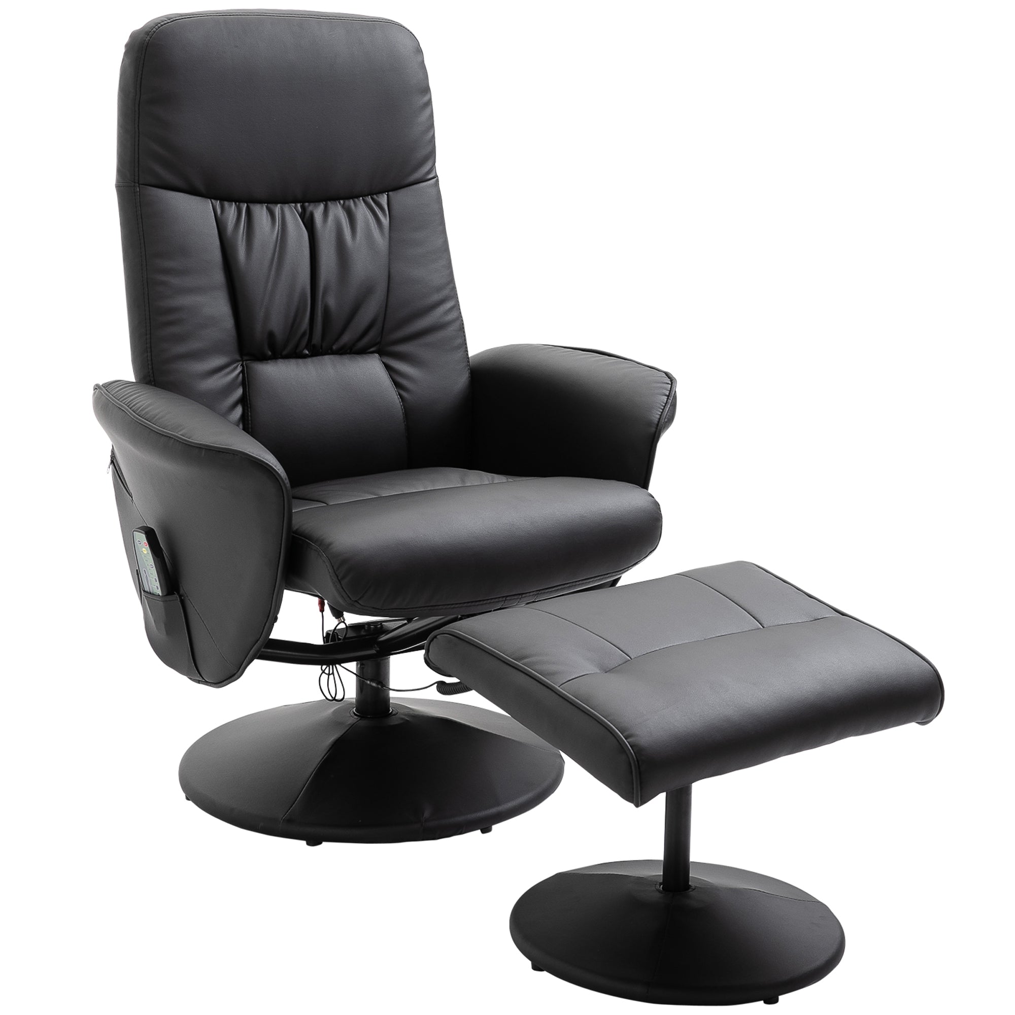 Reclining Massage Armchair TV Chair with Footstool, Storage, 10-Point Vibration, Faux Leather Black
