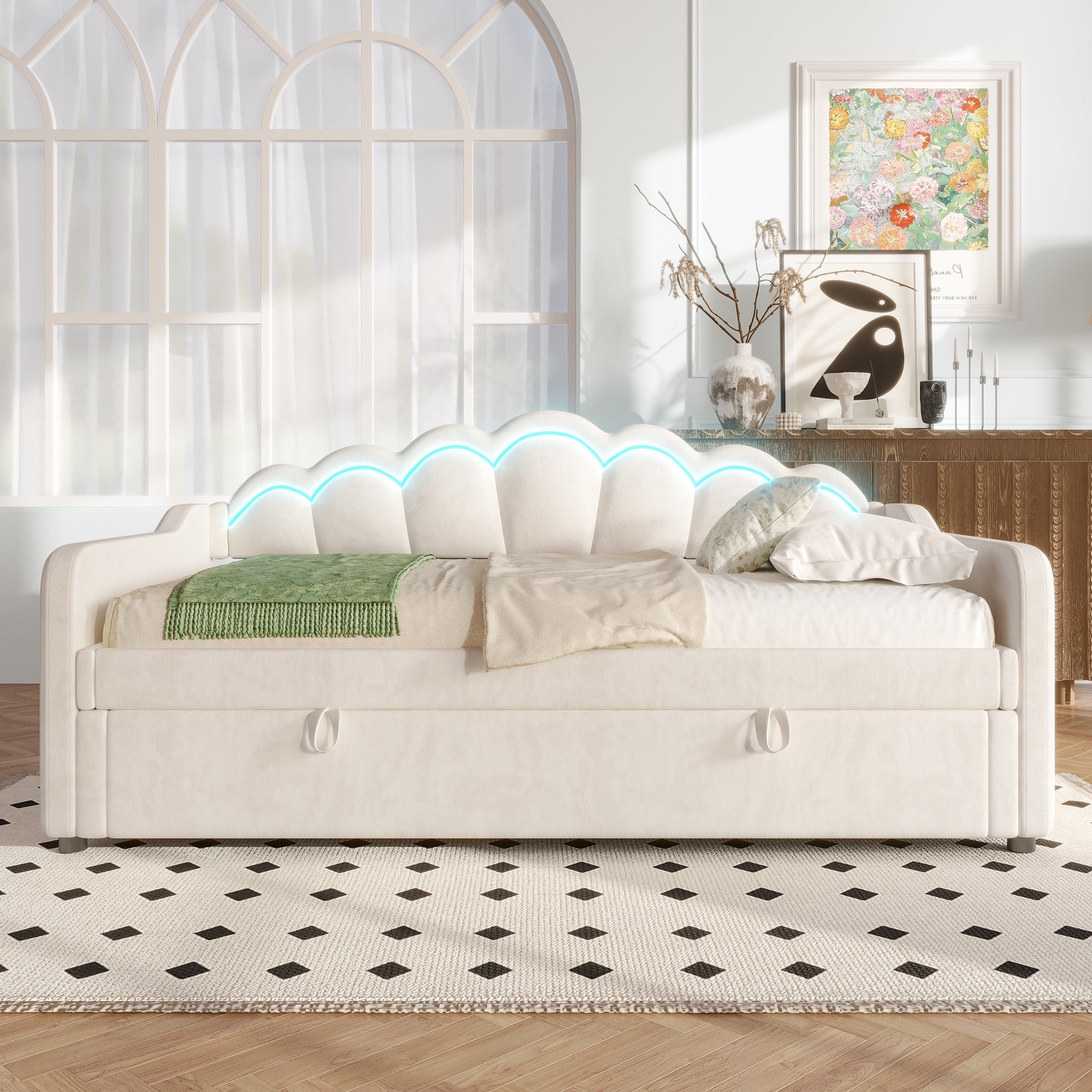 Daybed Sofa Bed 90x200cm Hydraulic Storage LED - Velvet Beige