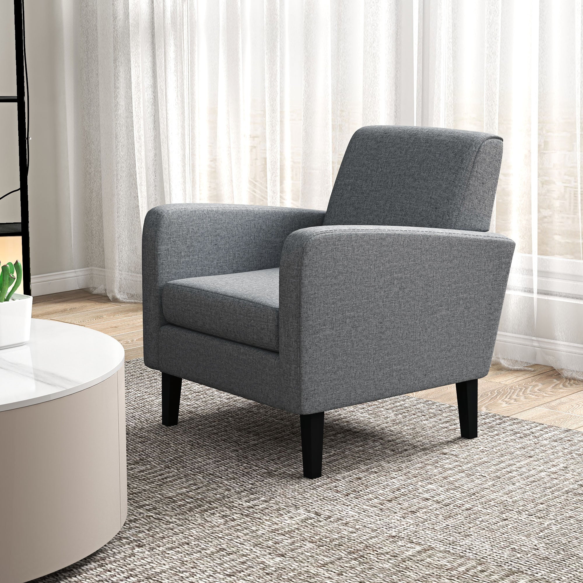 Recliner Chair, Upholstered Wooden Legs, Light Grey Linen Fabric