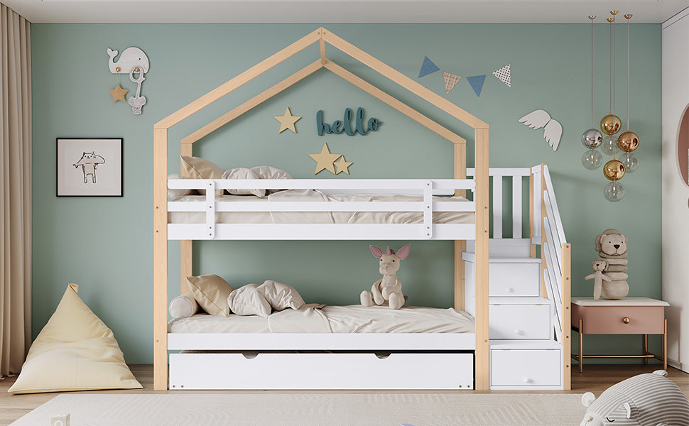 Bunk Bed, Pull-Out Treehouse with Sliding Bed & 3-Drawer Stairs, Natural + White
