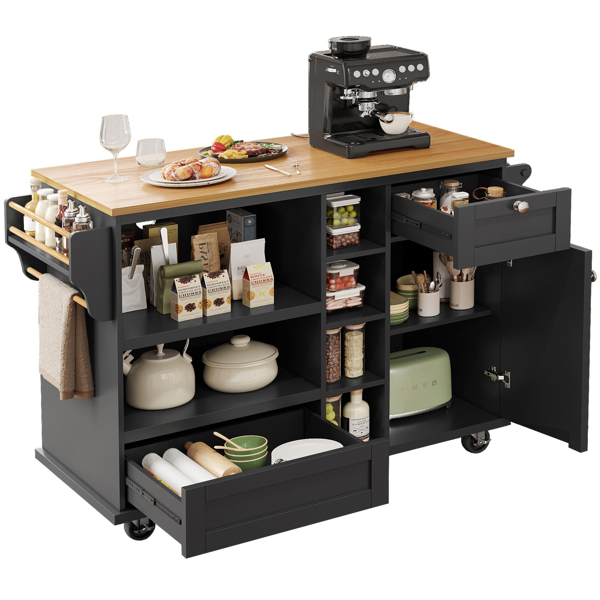 Dining Trolley Mobile Kitchen Storage Cabinet with Drawers, Black/Light Brown Wood