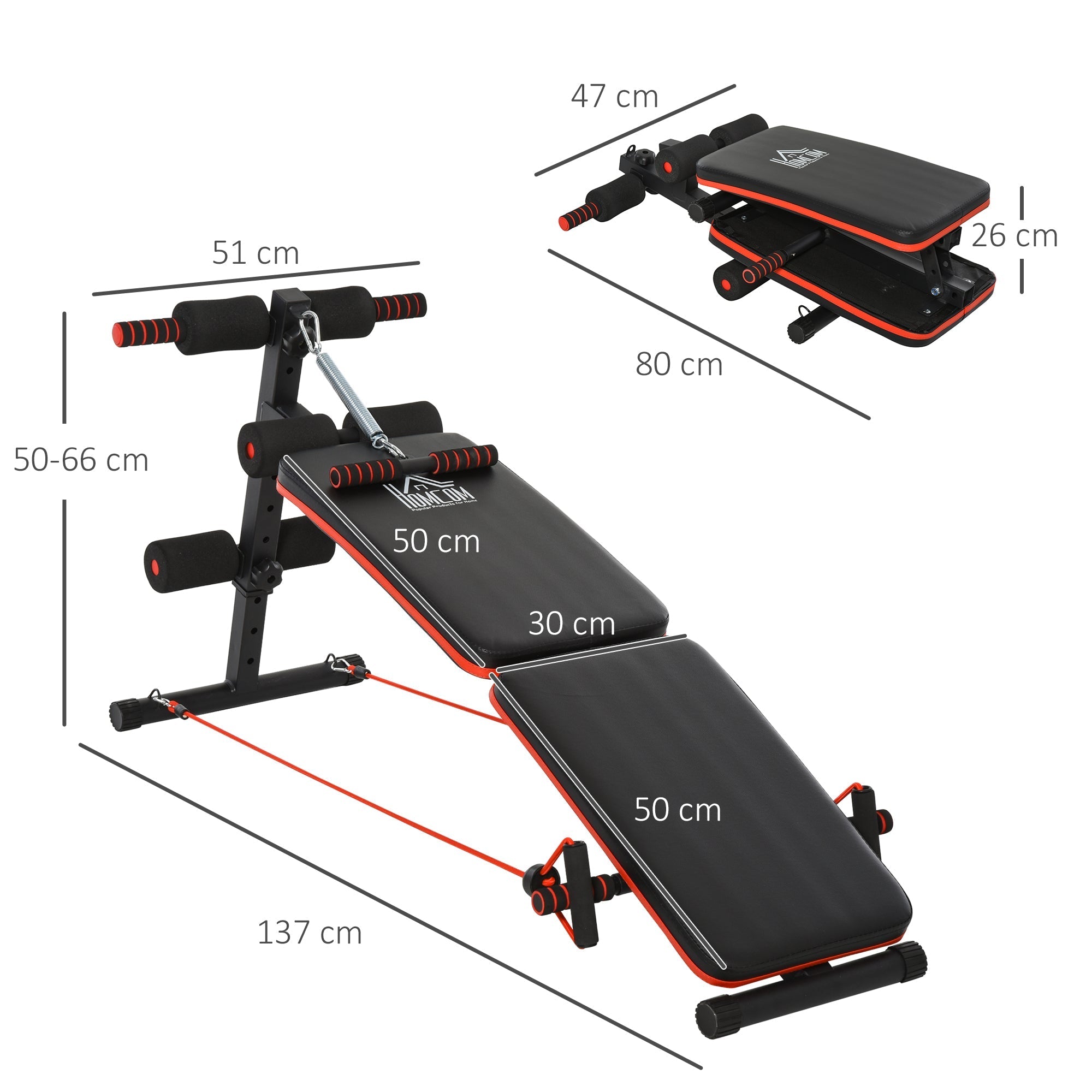 Sit-Up Bench, Adjustable & Foldable, Training Ropes, Steel Black Red