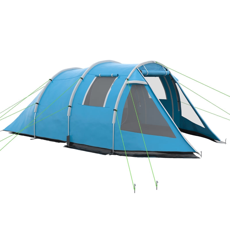 3-4 Man Tunnel Tent, Two Room Camping Tent with Windows, Portable Carry Bag - Blue