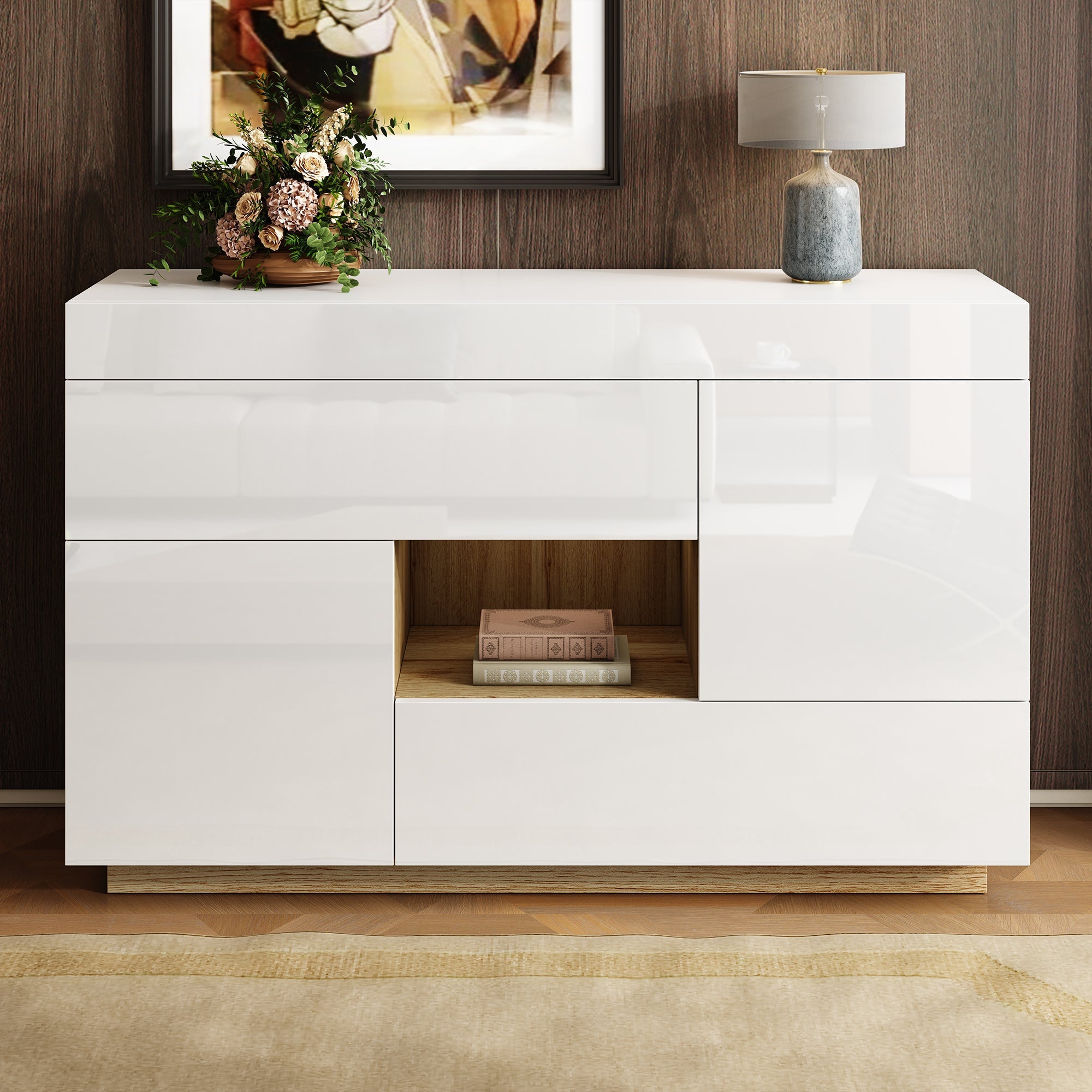 Sideboard, High-Gloss Display Cabinet with LED Lighting & Drawers, White