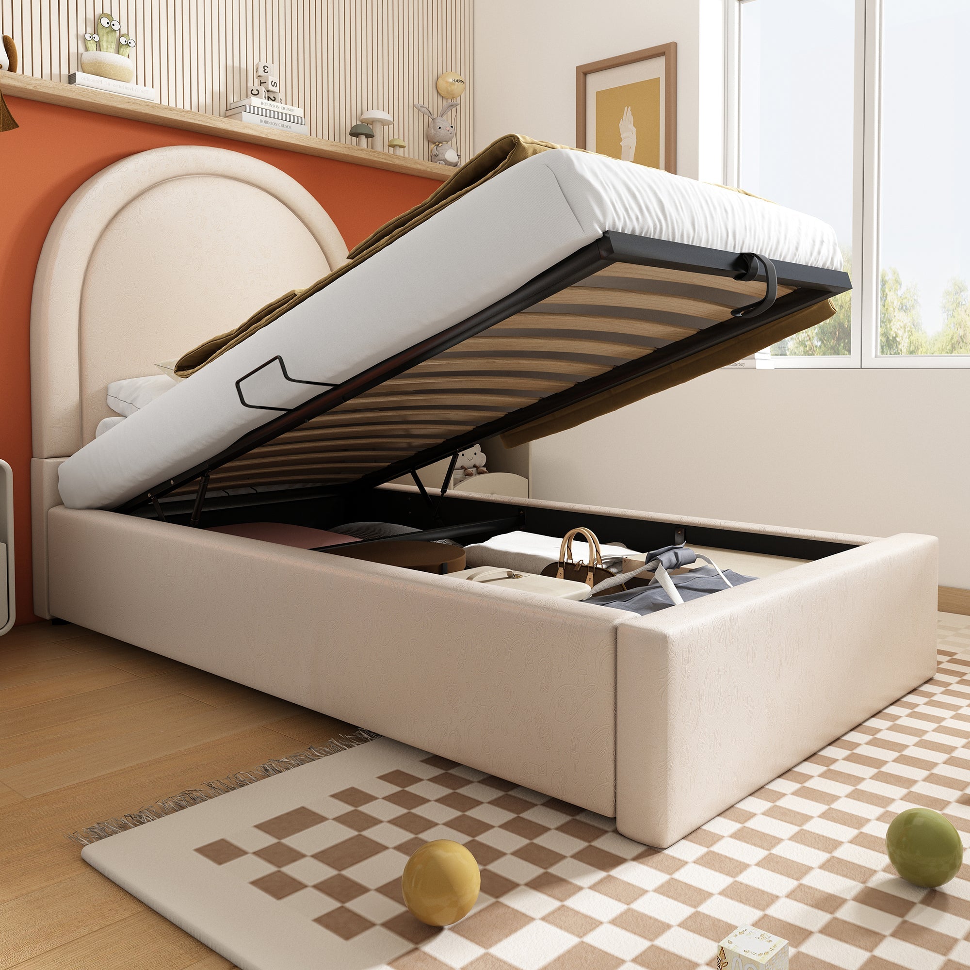 Children's Upholstered Bed, Single with Cosmic Pattern, 90x200cm, Beige PU