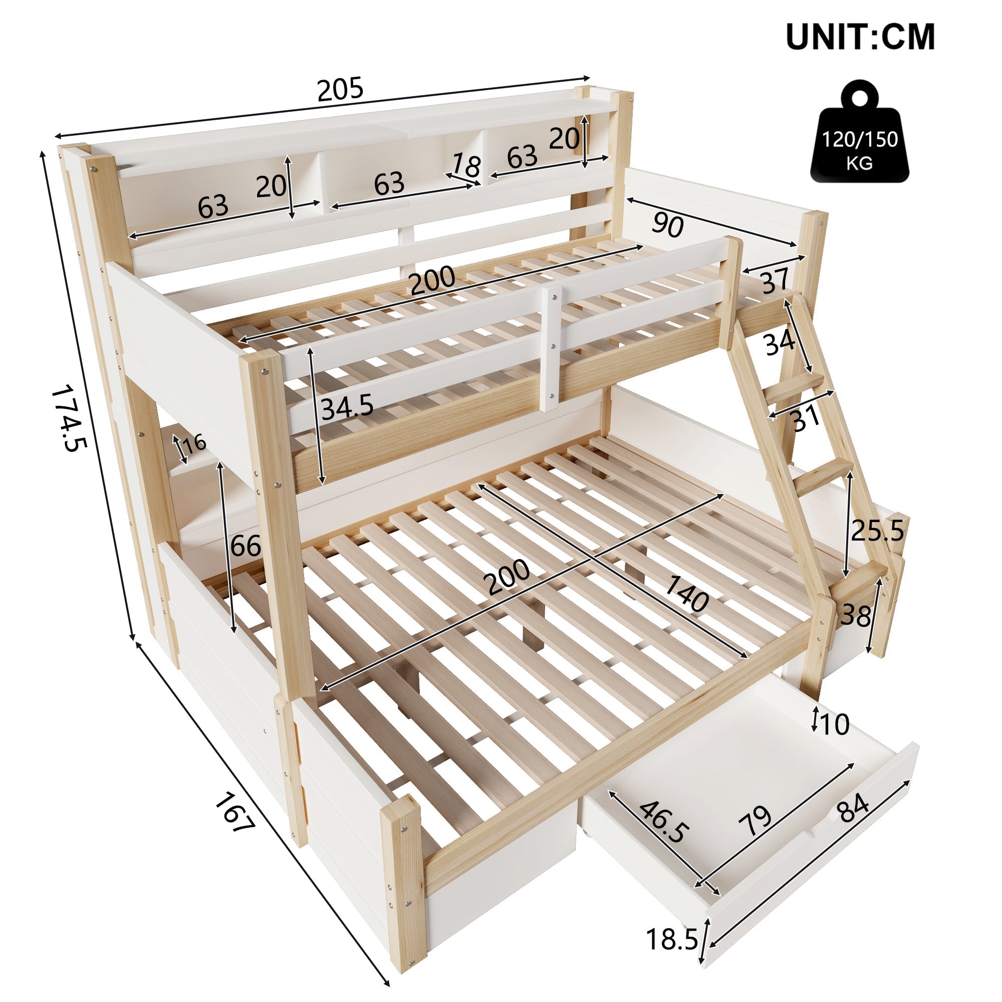 Bunk Bed with Storage Compartments, 1 Drawer and LED Light, 90x200cm + 140x200cm, White and Natural