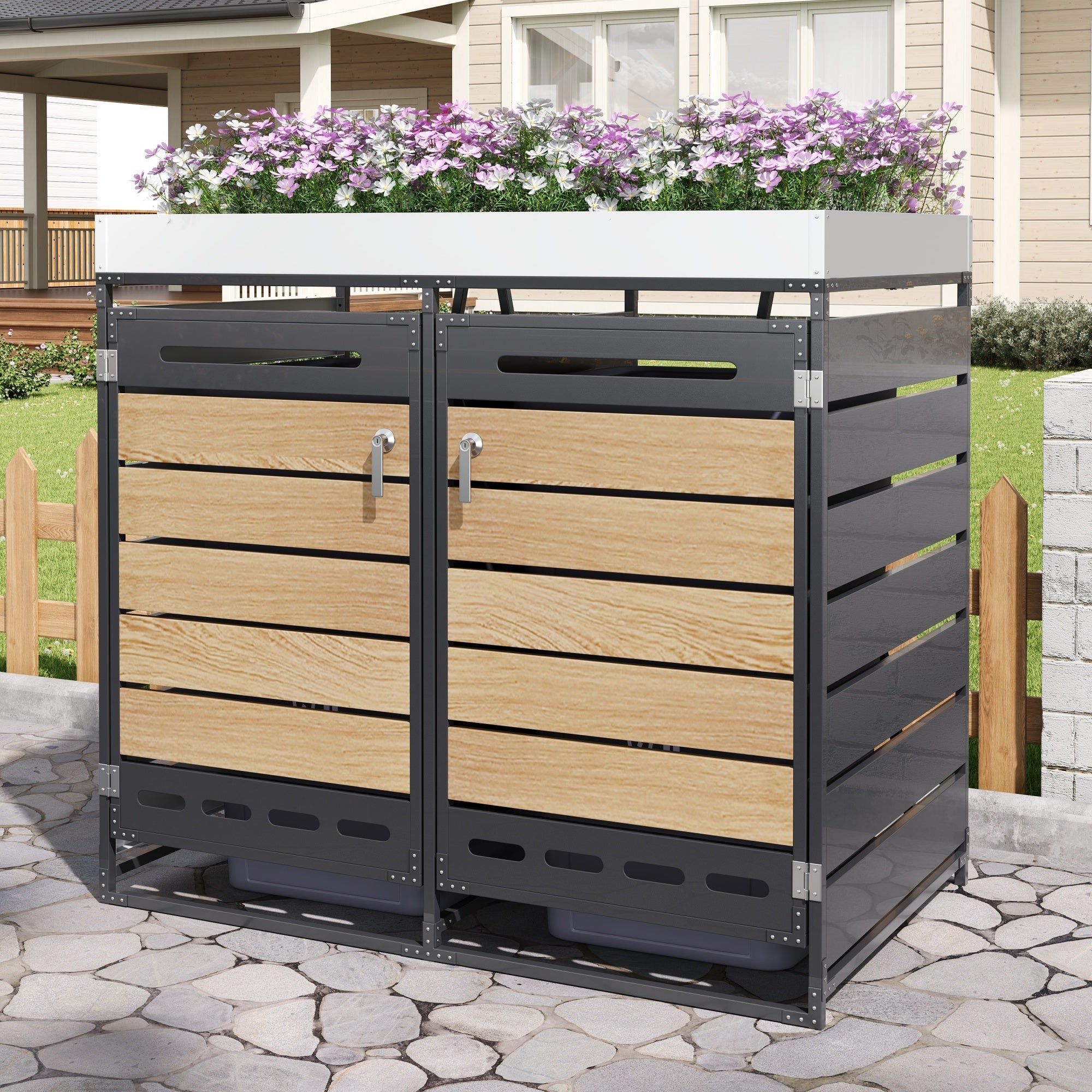 Garden Bin Storage with Planter Box, Slotted Ventilation and Lockable Door, Iron with Wood-Look Slats