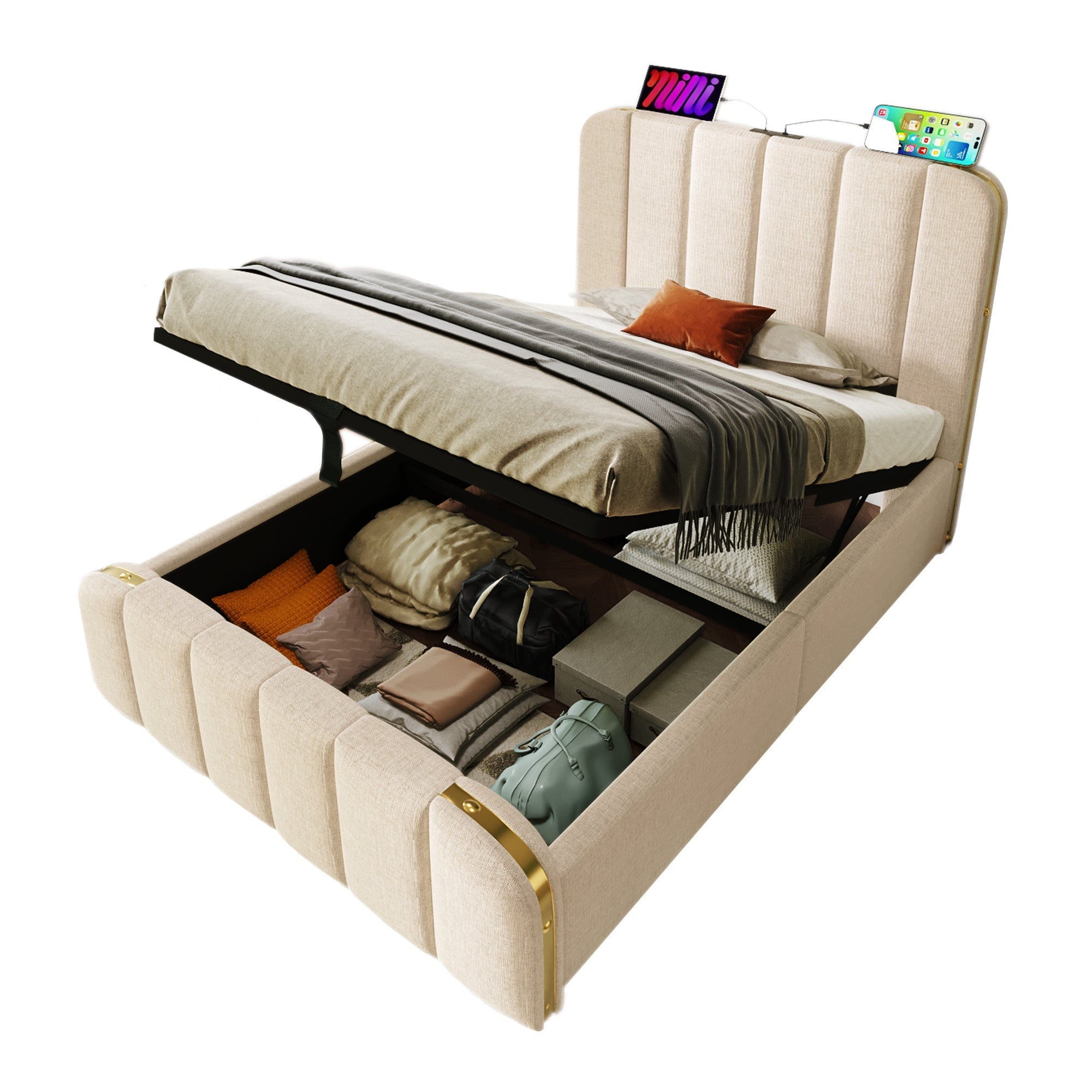 Upholstered Single Bed, USB Type-C, Hydraulic Storage, 90x200 cm, Beige Linen