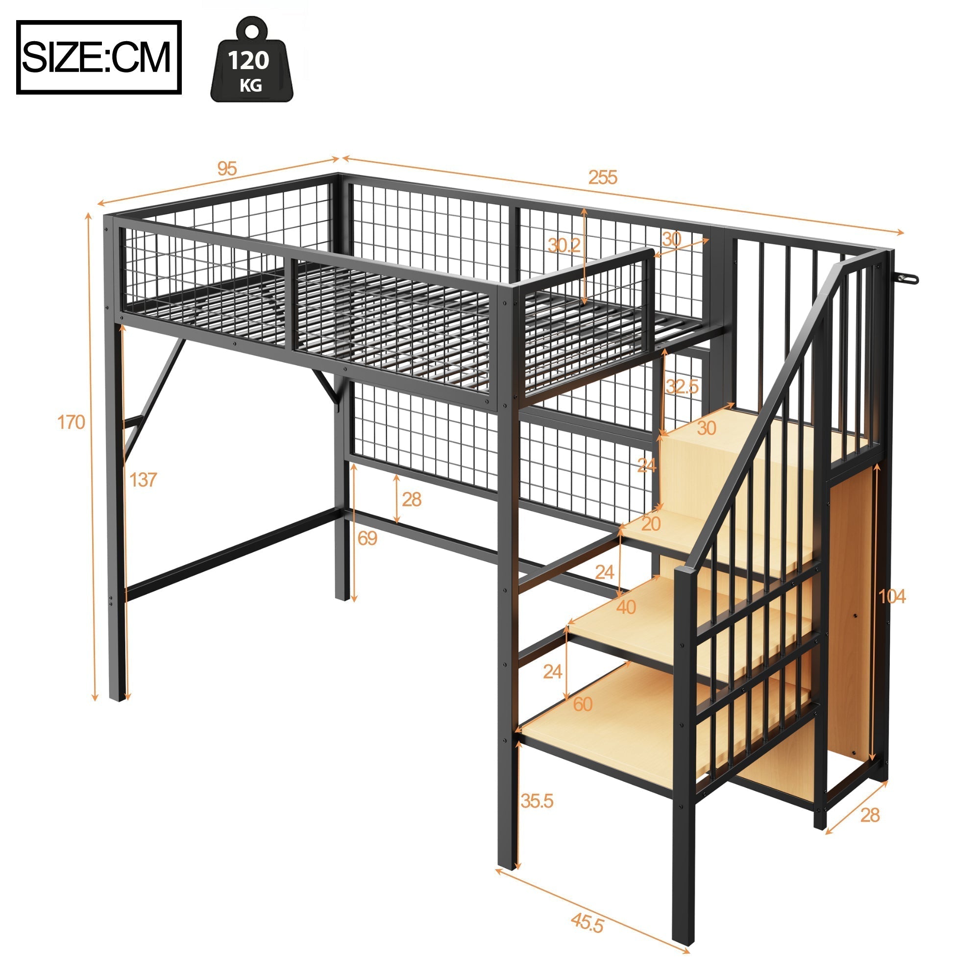 Metal Loft Bed 90x200 LED Lights Storage Stairs Wardrobe, Black