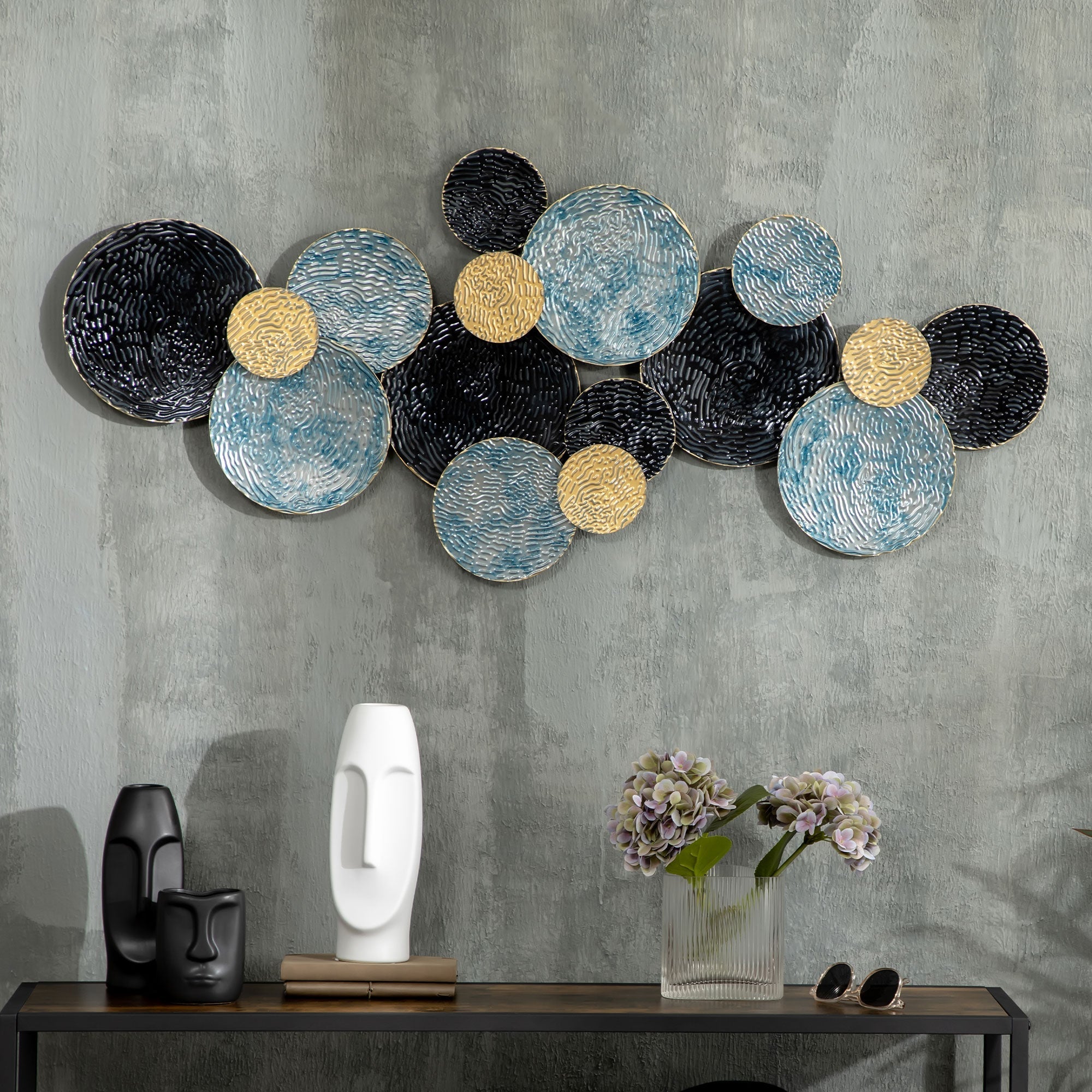 3D-Wandkunst, moderne Skulptur, 121x53cm, Gold Schwarz Blau Metall