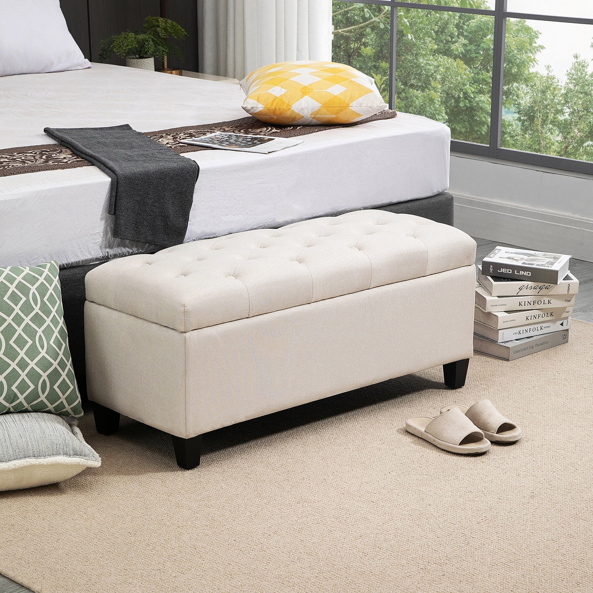 Upholstered bench with storage, chest bench, linen-like polyester cream white