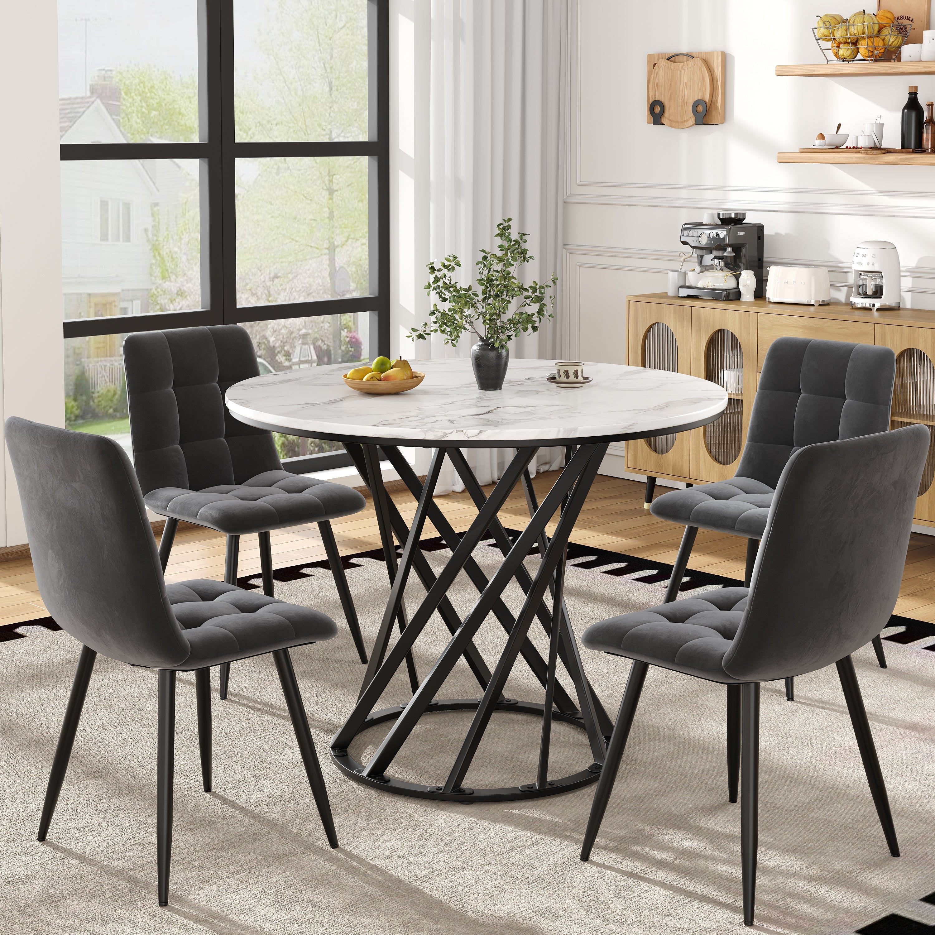 Dining Table Set 5-piece Round 80cm 4 Chairs Black Metal Legs White MDF Velvet