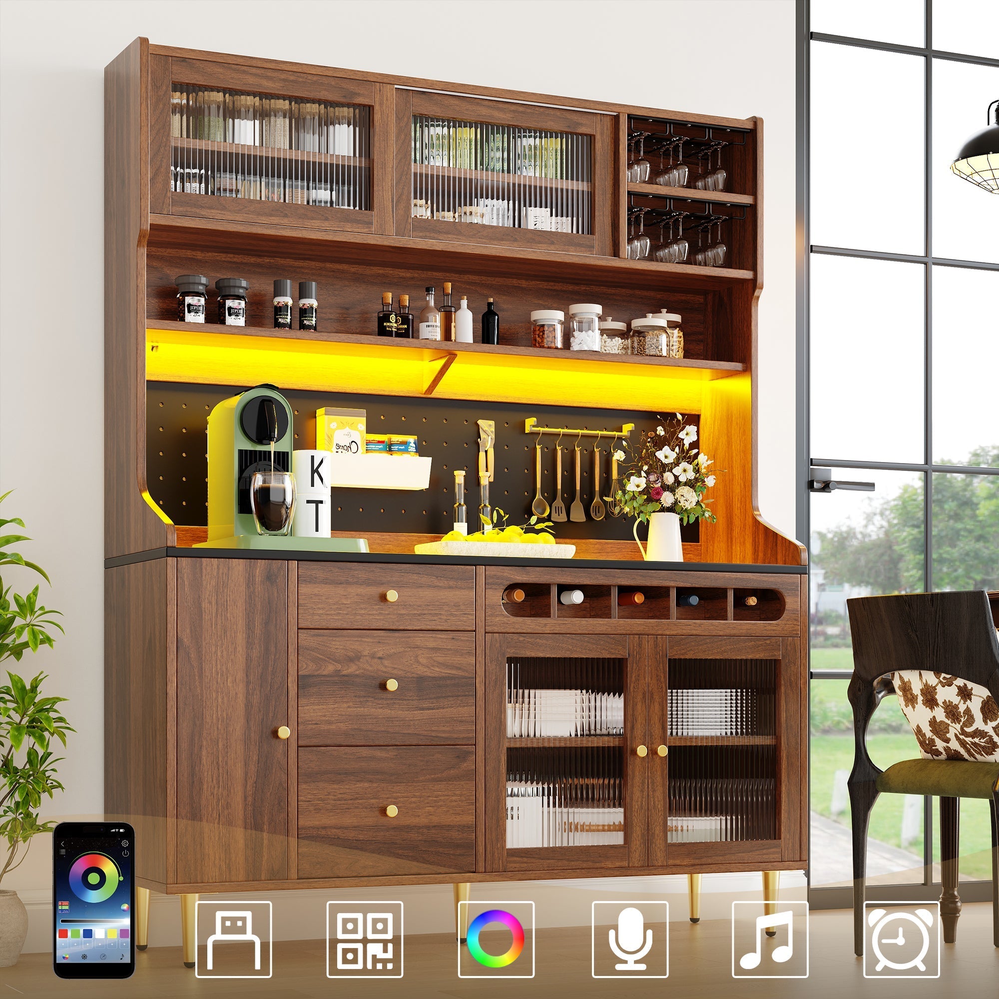 Tall Cabinet LED Lighting Wine Rack Adjustable Shelves 145x39x171cm Walnut Color