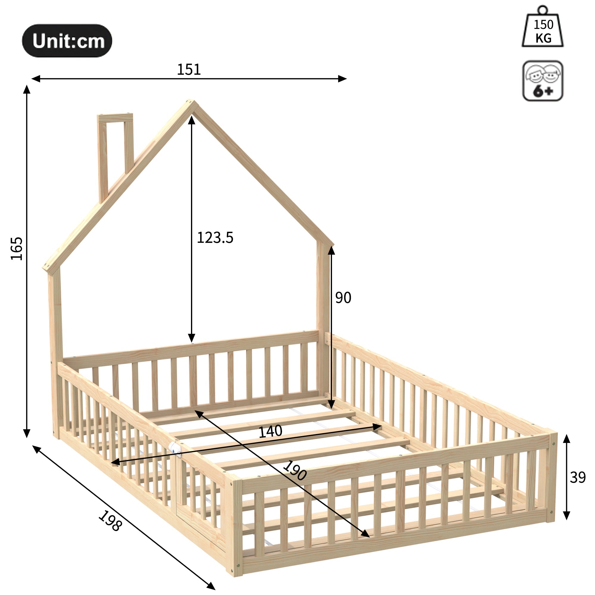 House Bed with Chimney Shape and Slatted Base, 140x190cm, Natural Pine Wood