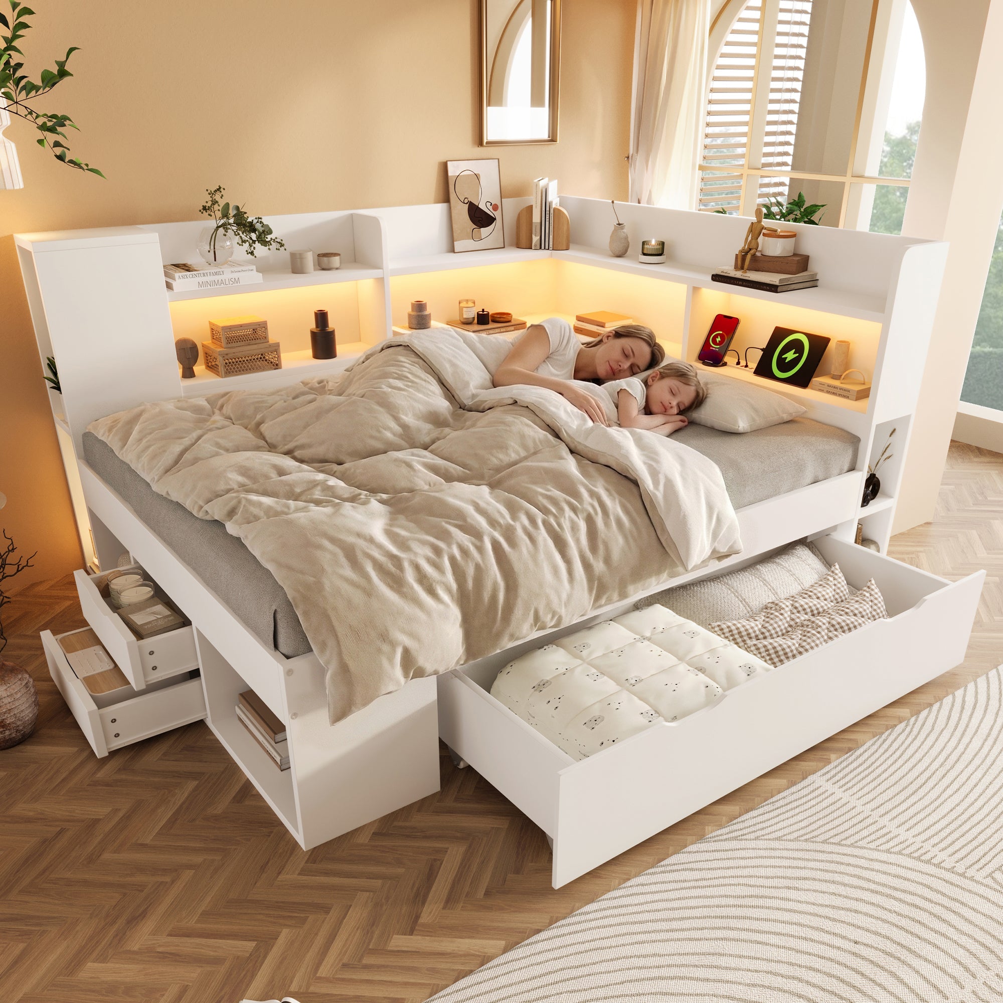 Daybed with LED, Charging Station and Storage, 140x200cm, White Wood-based Material