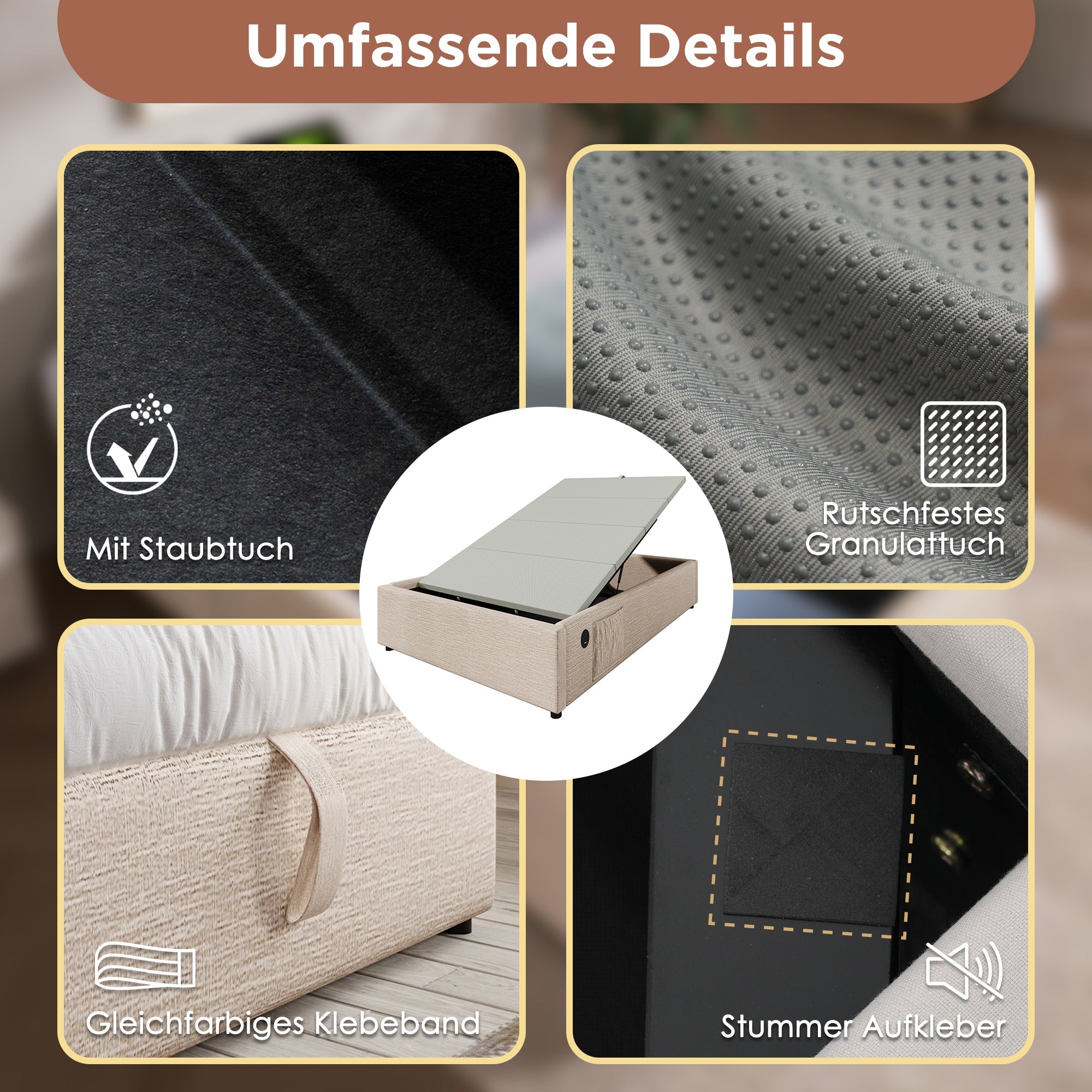 Upholstered Double Bed with Storage and USB-C, 160x200cm, Natural Linen