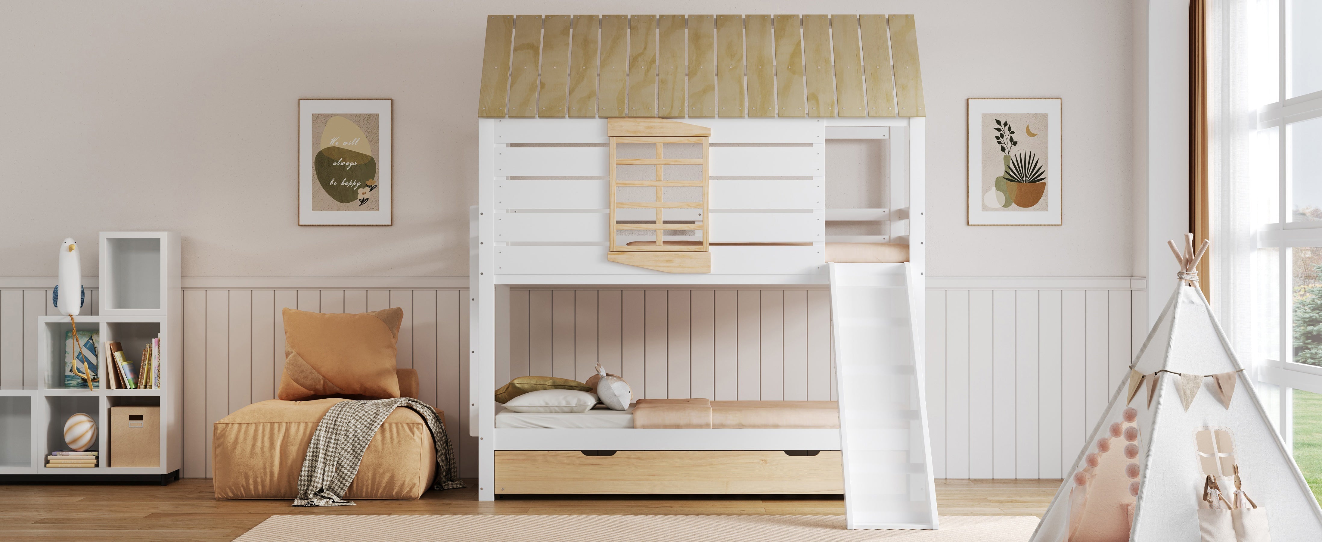 House-Shaped Bunk Bed with Slide and Pull-Out Bed, 90x200, White and Natural Pine