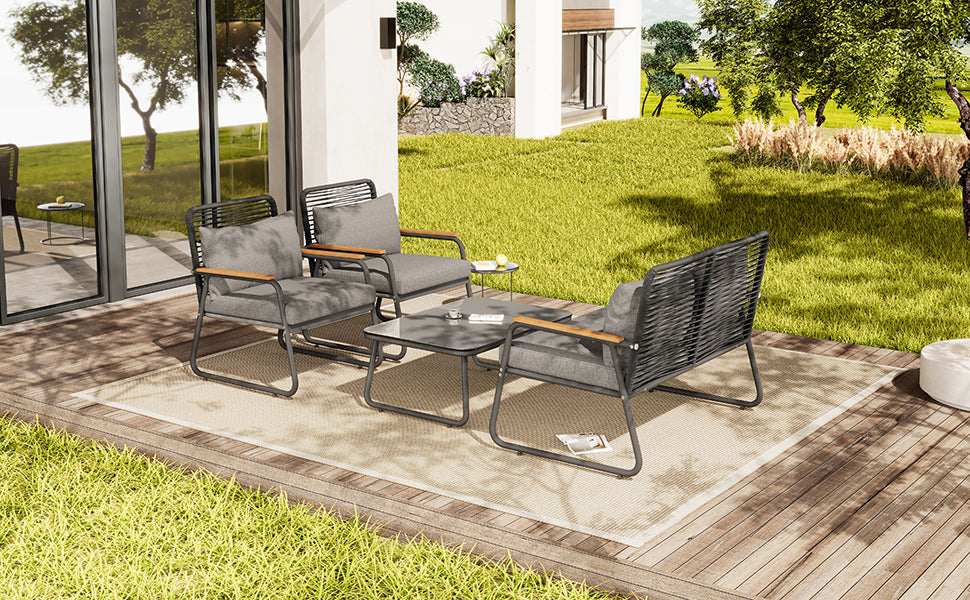 Garden Lounge Set 4-Seater Galvanized Iron Frame Tempered Glass - Grey