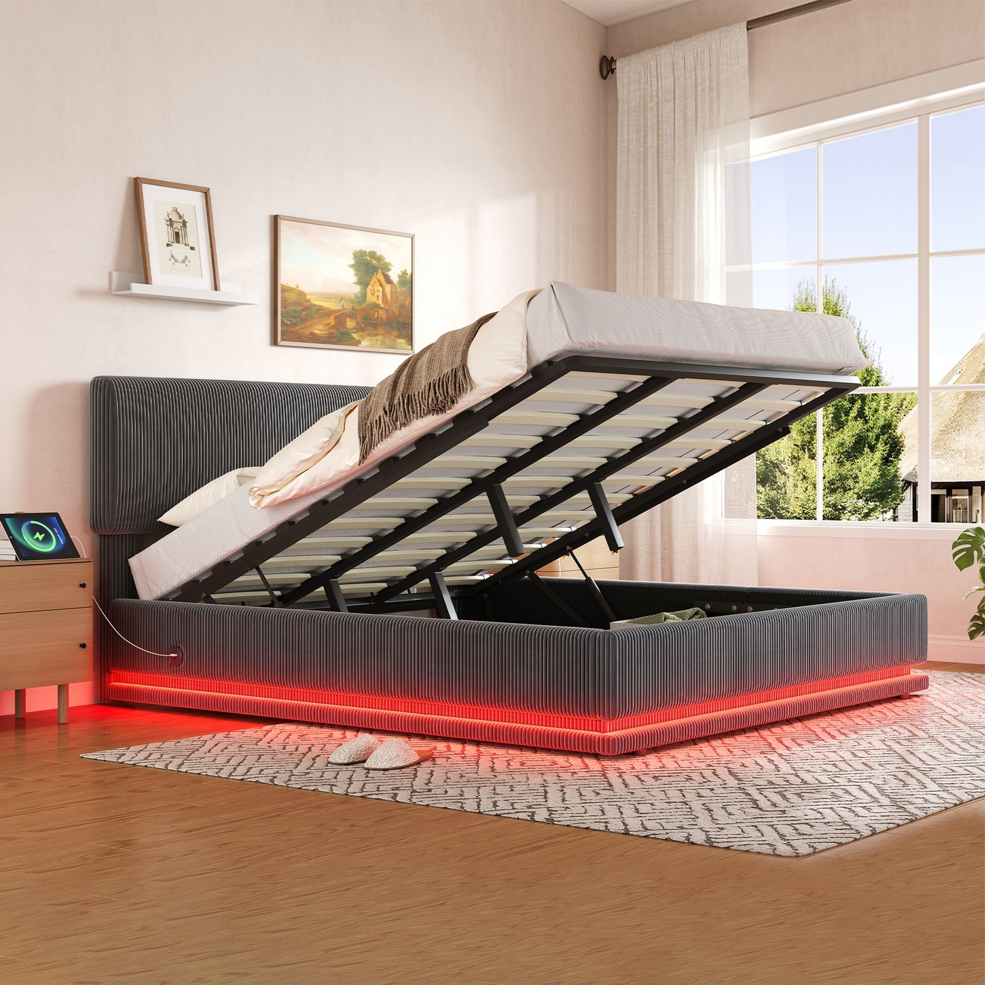 Modern Upholstered Bed with LED Lighting, USB-C and Under-Bed Storage, Gray Corduroy