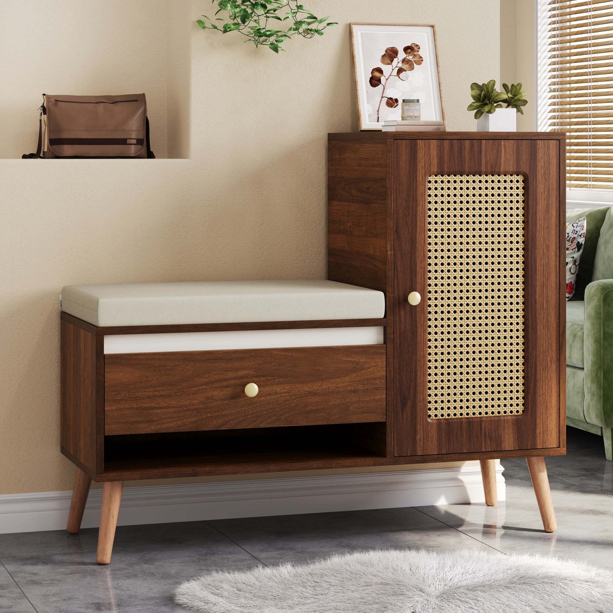 Rattan Hall Bench with Shoe Storage, Drawers and Seat Cushion, Oak and Rattan