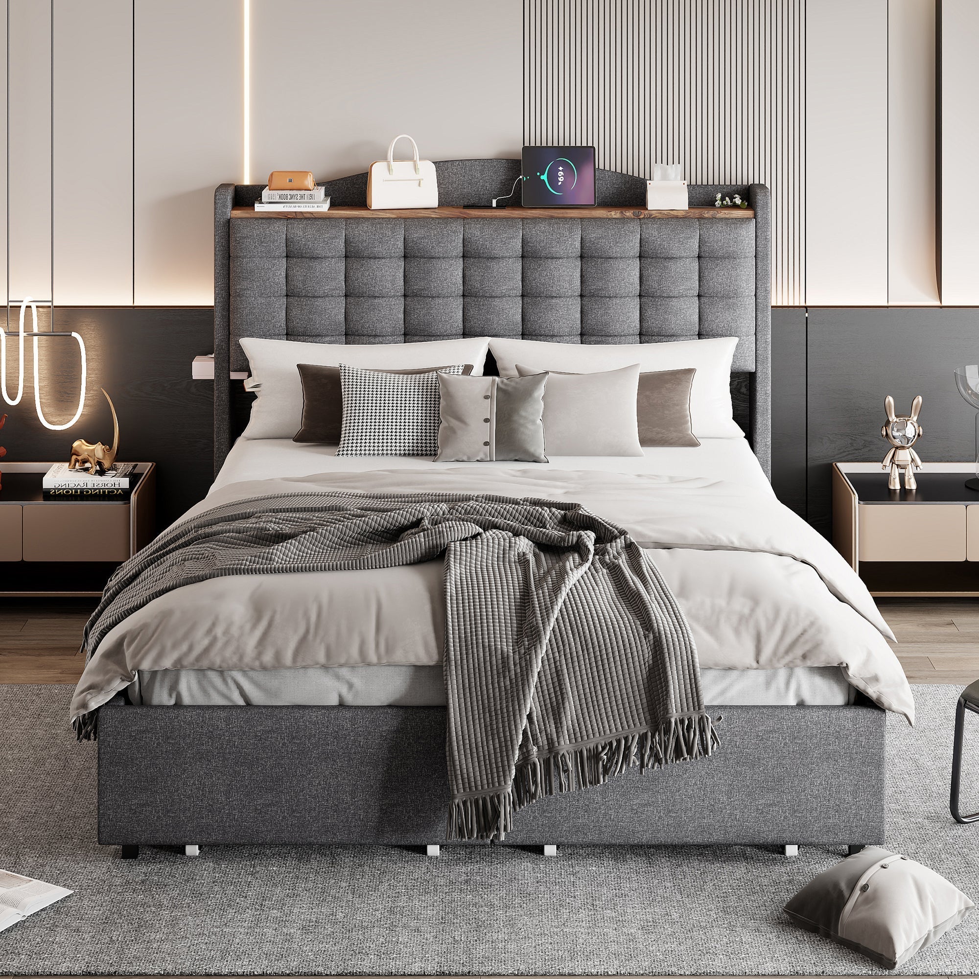 Upholstered Bed, 140x200cm Double Flat with 4 Drawers & USB Bedside Table, Gray Linen