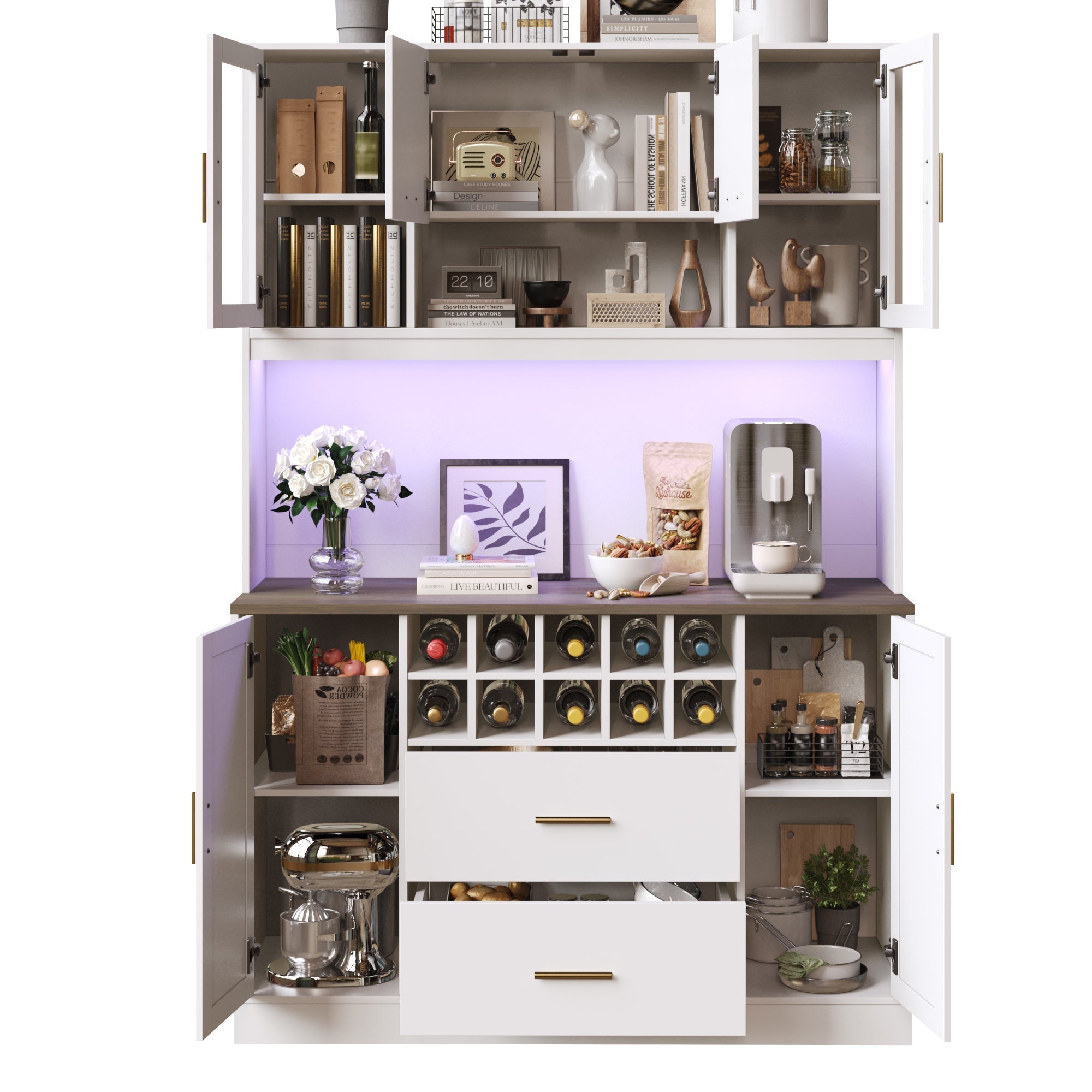 Sideboard Kitchen Cabinet with LED Lighting and Socket, Black and White