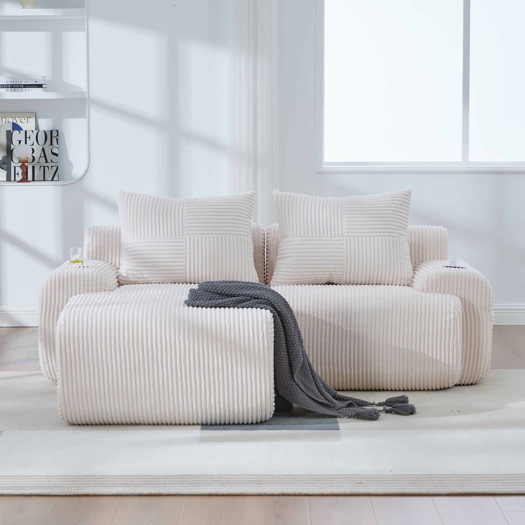 Modular Corduroy Sofa for 2 People with Ottomans, Cup Holder and Side Pocket, Beige