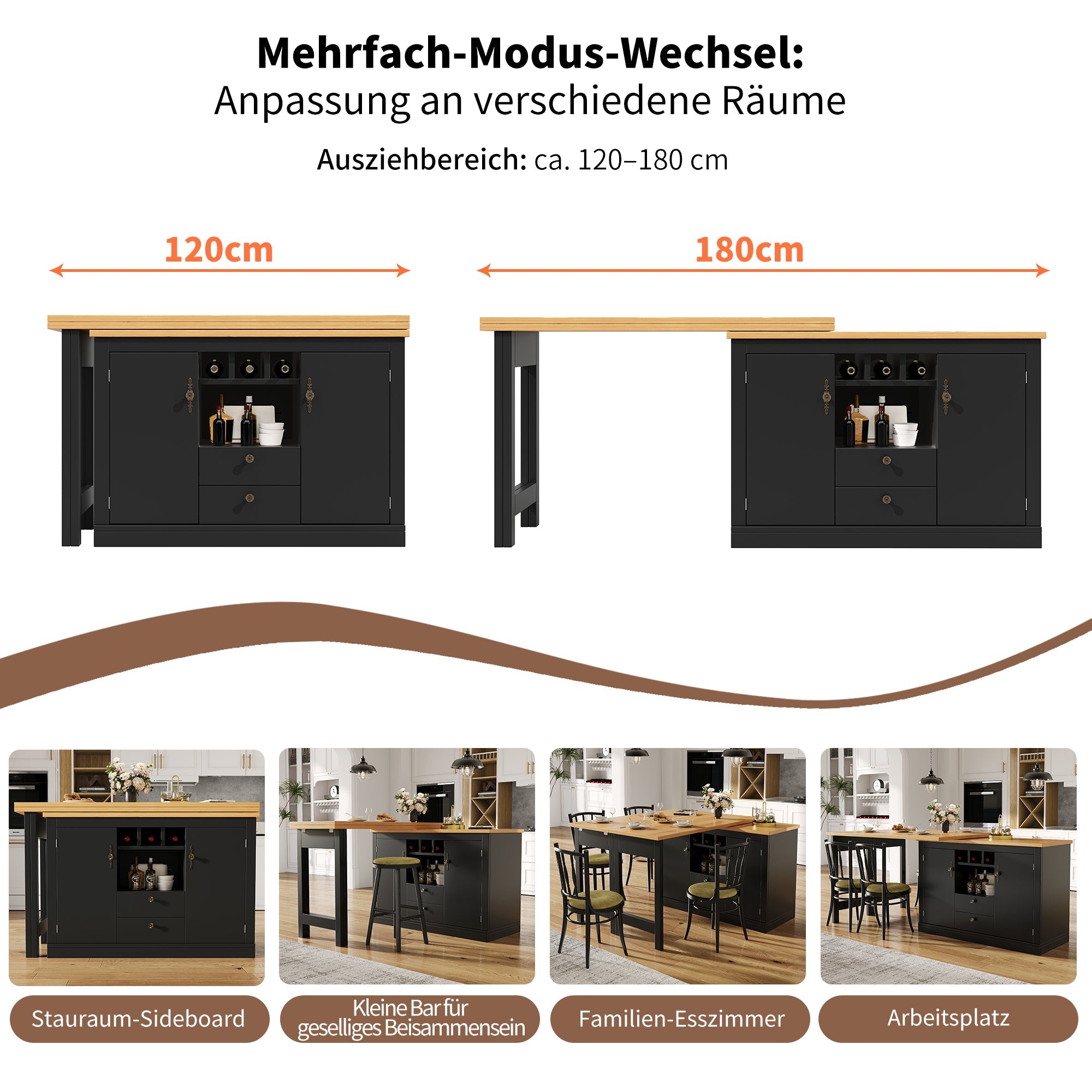 Extendable Bar Table with 360 Swivel Function and Storage Space, 120-180cm, Black