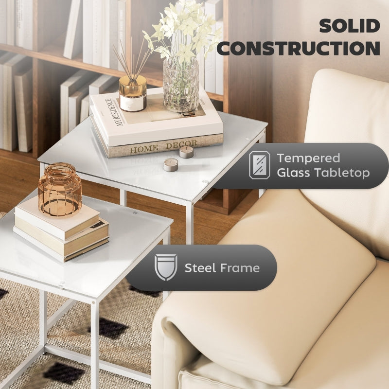 Nest of Tables, Set of 2 Coffee/Side Tables with Tempered Glass Top, White