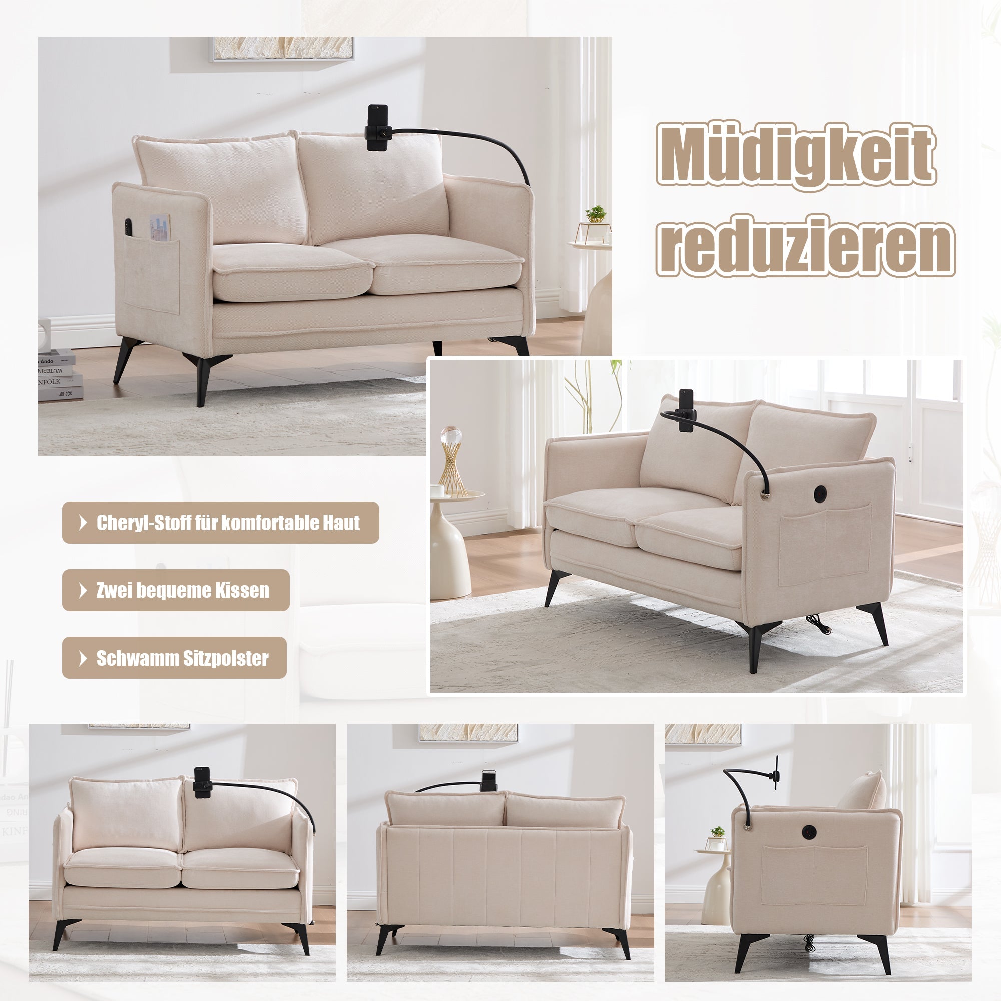 Modern Double Sofa, Small Fabric Armchair with Storage & Phone Holder