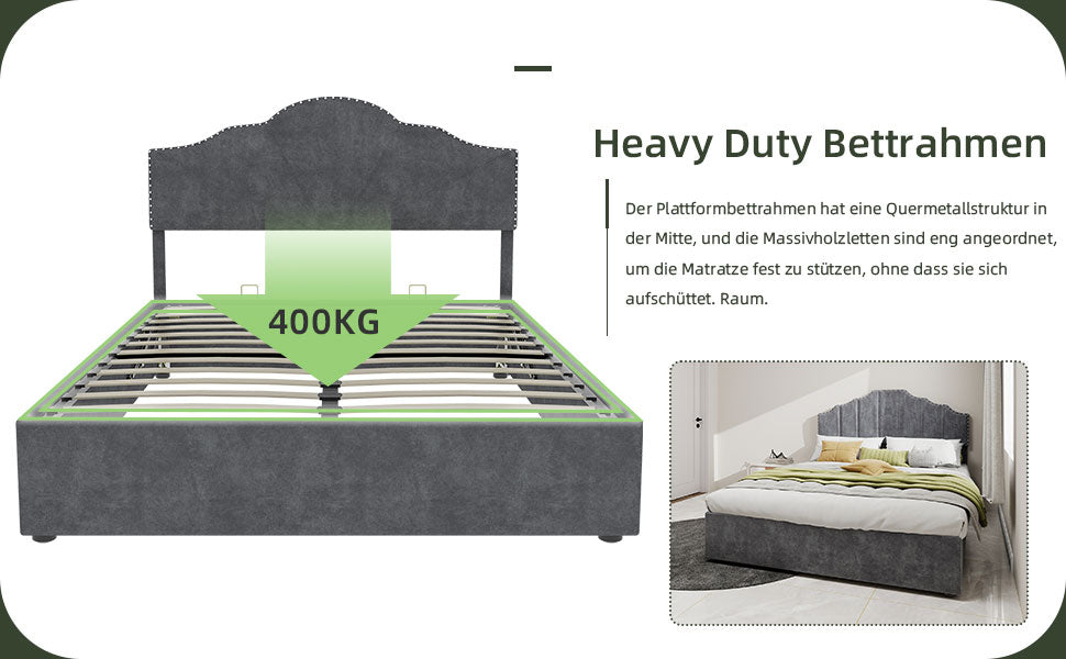 Modern Minimalist Soft Bed, High Box with Pneumatic Rod, 160*200CM, Gray
