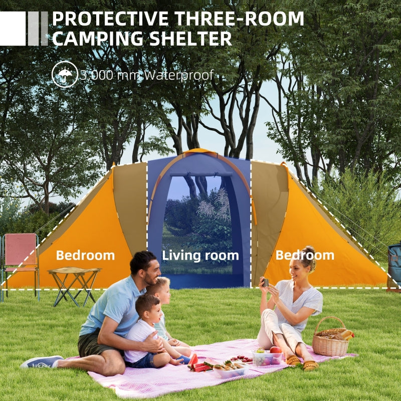 Large Camping Tent Tunnel Tent, 2 Bedroom Living Area, 4-6 Man, Waterproof, Orange