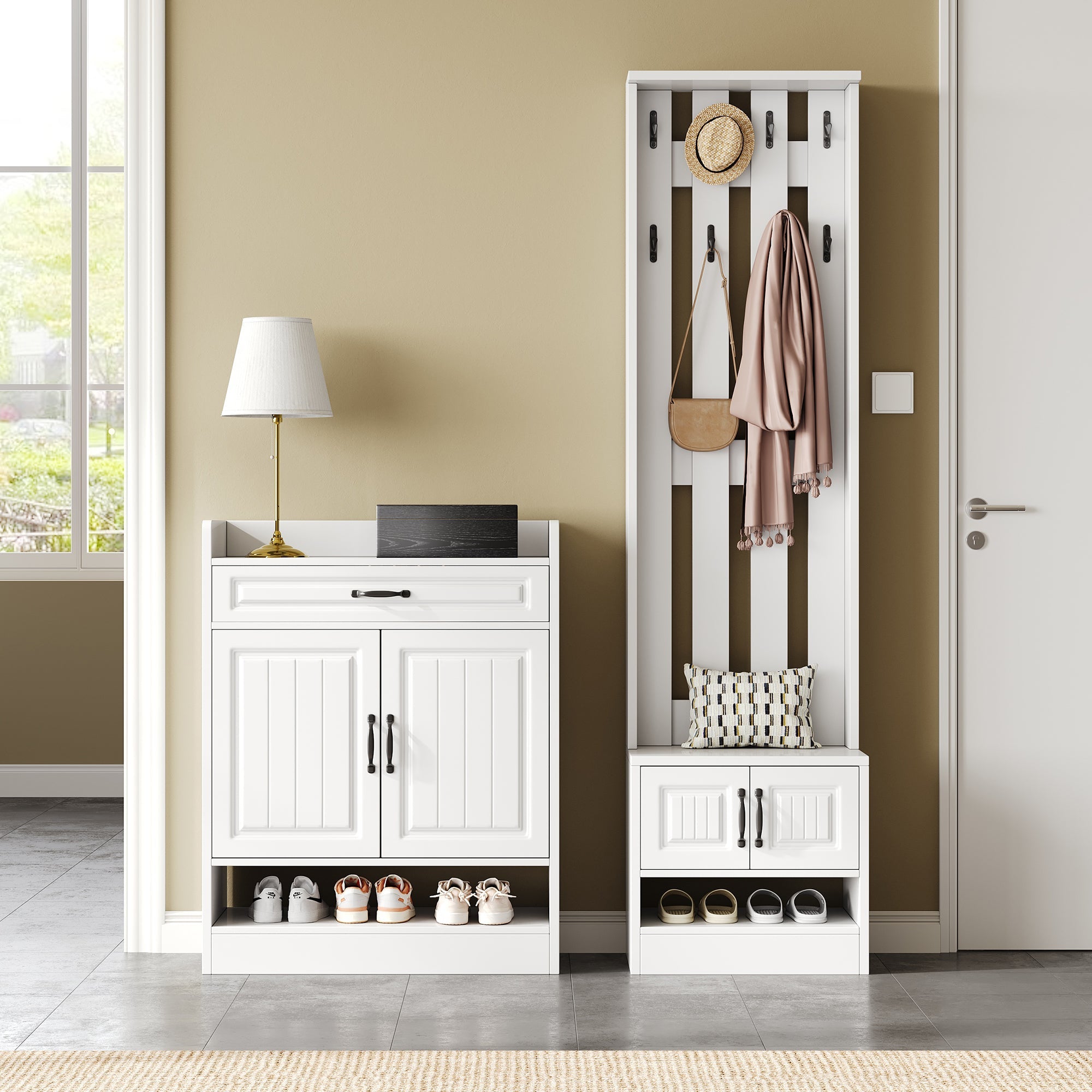 Wardrobe Set with Shoe Bench & Rack, 8 Hooks, 4 Doors, 1 Drawer - White
