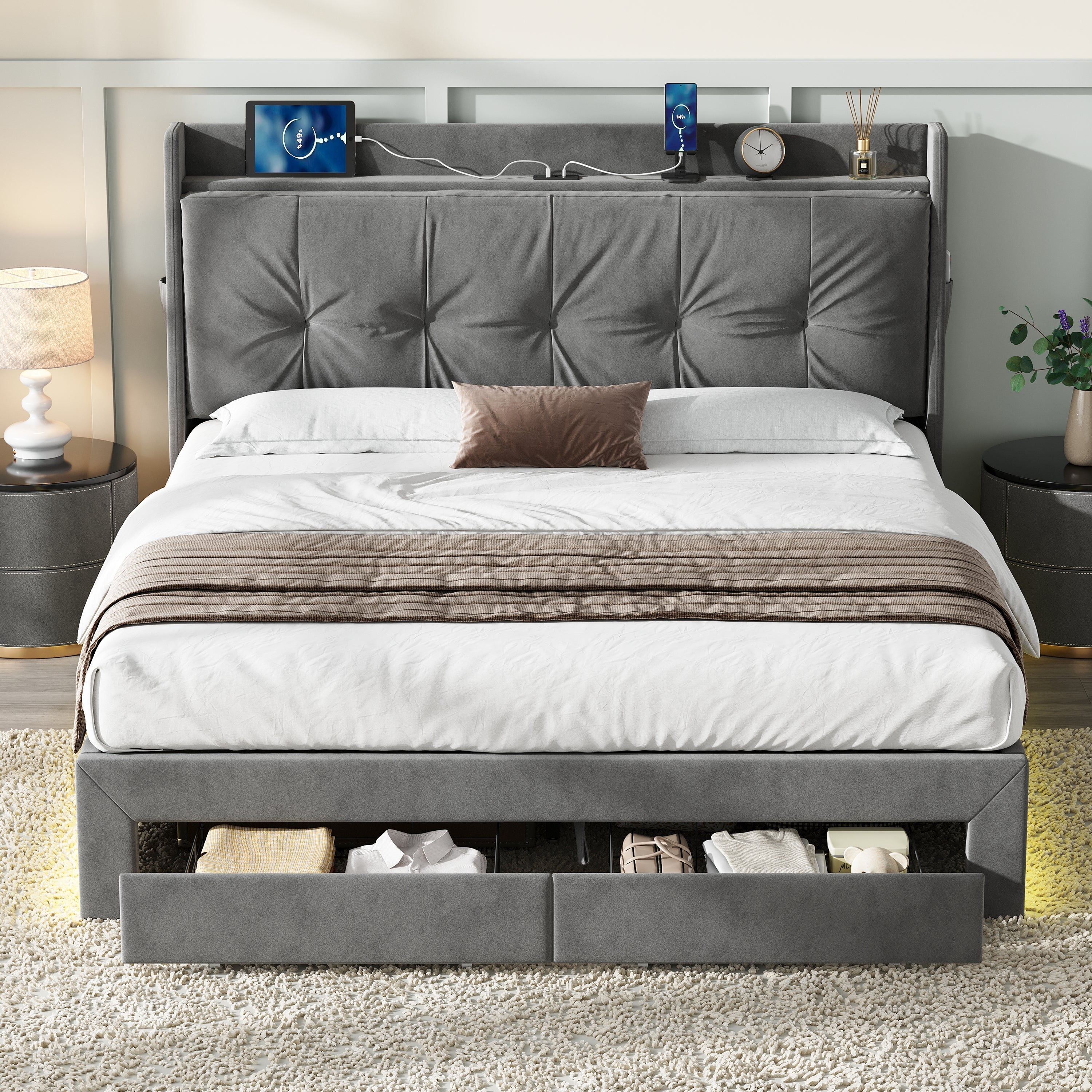 5ft King Upholstered Bed Frame with Hydraulic Storage, Charging Station, and RGB LED Lighting, Velvet Grey