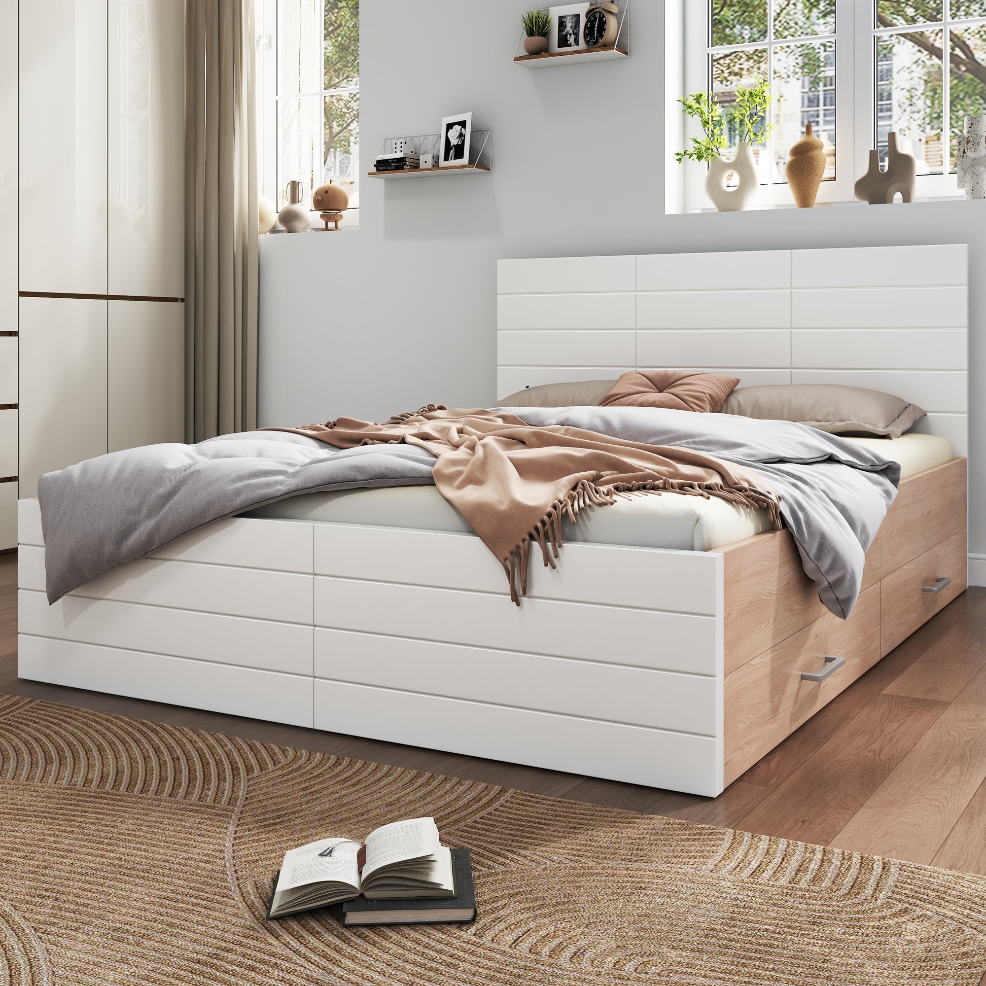 Double Wooden Bed, 180x200cm with 2 Drawers & Slatted Frame, Oak/White