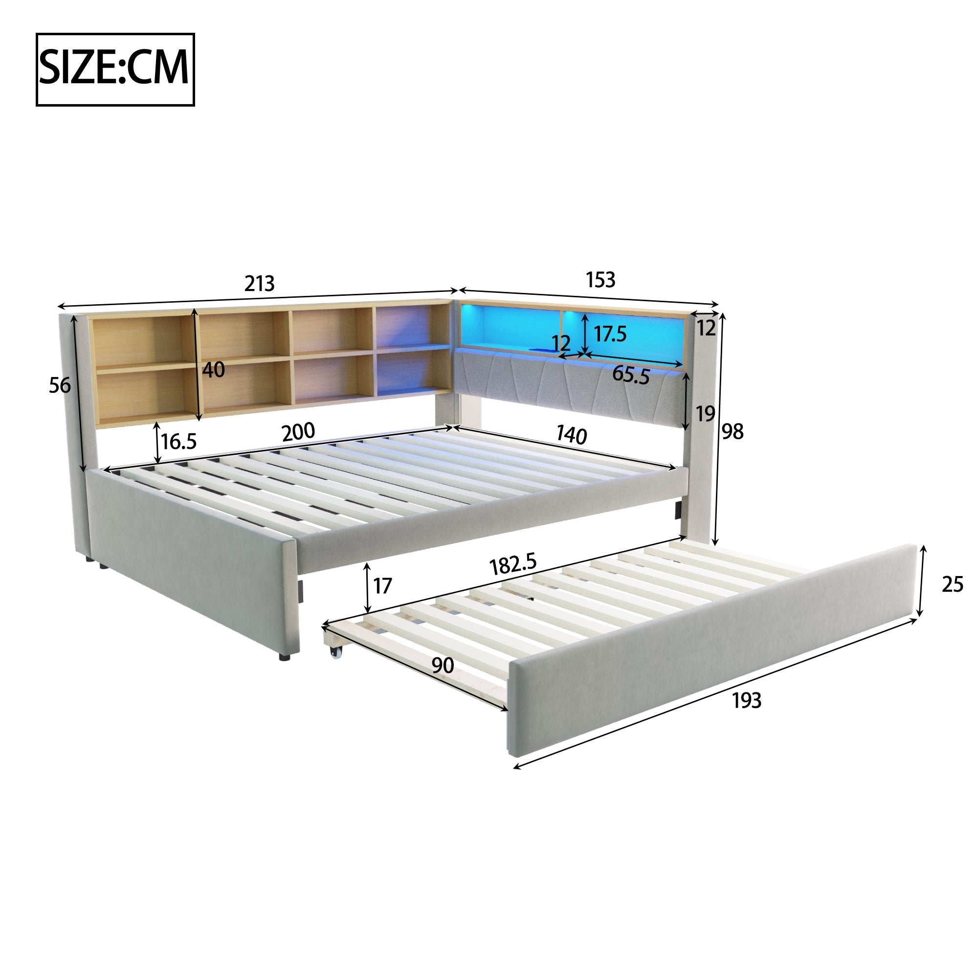 Solid Wood Sofa Bed with Pull-Out Bed, USB Ports & Storage, Grey