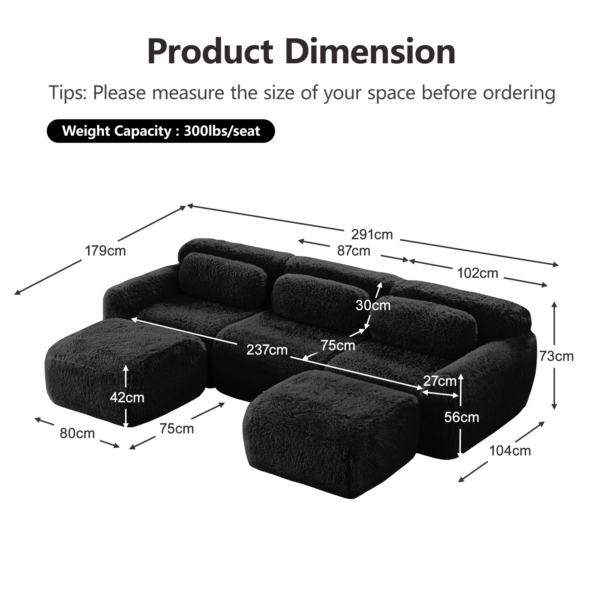 U-shaped Modular Sofa Plush Fabric No Assembly With Cushions - Black
